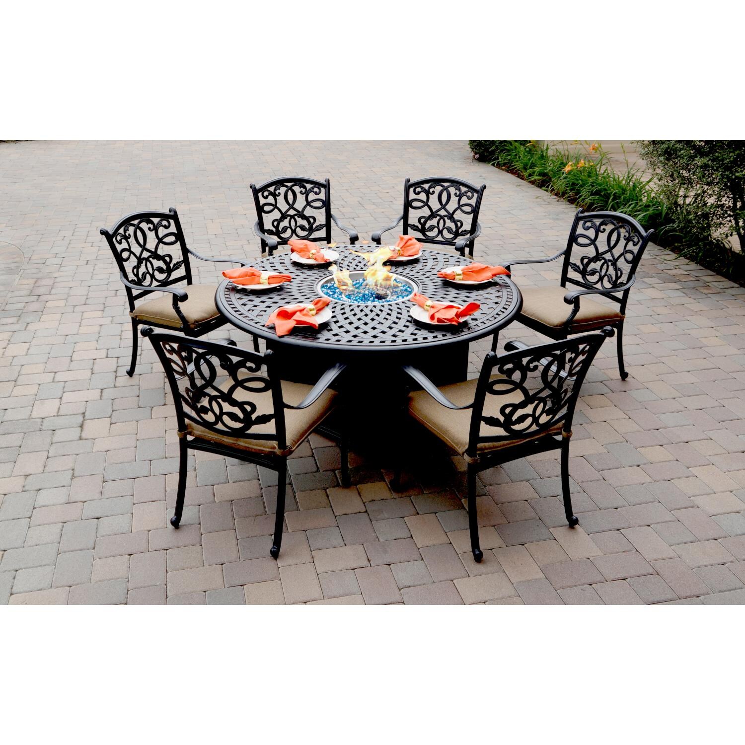 Darlee DL2052-7PC-60GD Santa Monica 7 Piece Cast Aluminum Patio Fire Pit Dining Set W/ 60 Inch Round Table & Sesame Cushions - Lifestyle