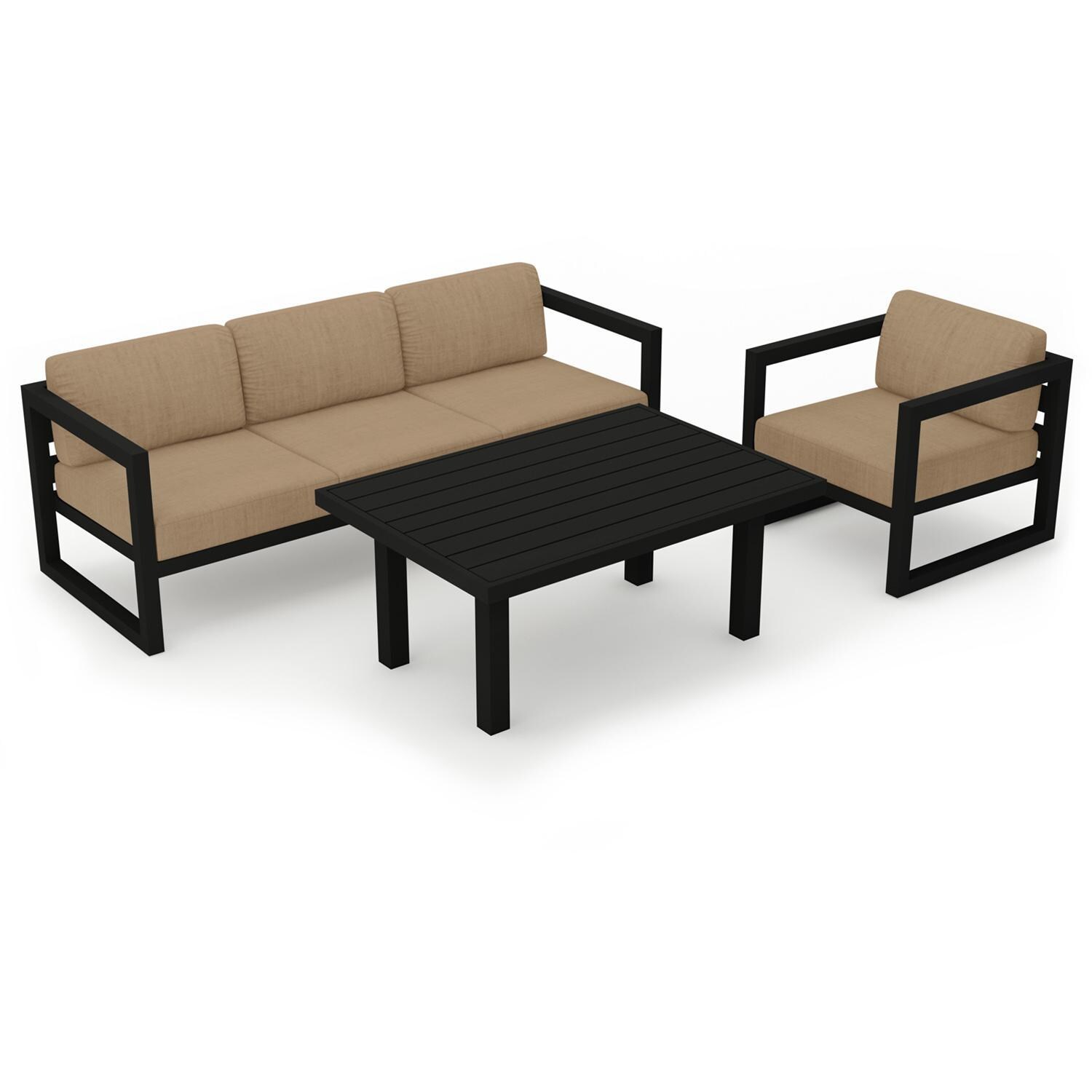 Lakeview MSTYCV-BK-SET138-HB Misty Cove 3 Pc Aluminum Seating Set in Black w/Chat Table & Heather Beige Cushions by Lakeview Outdoor Designs - Set Angled View - White Background thumbnail