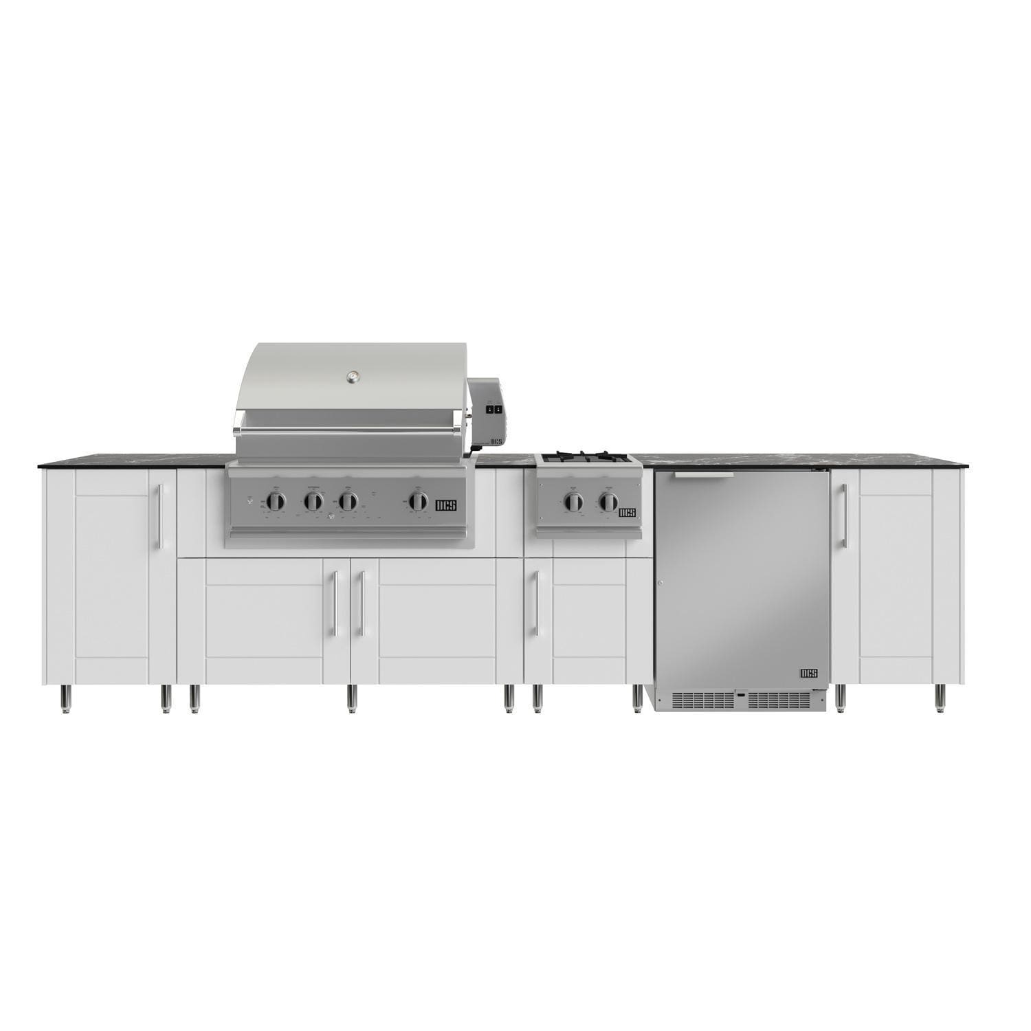 WeatherStrong Nassau 10 1/2 Ft Outdoor Kitchen Island w/ DCS Natural Gas Grill, Side Burner & Refrigerator in Shell White/Midnight Ice