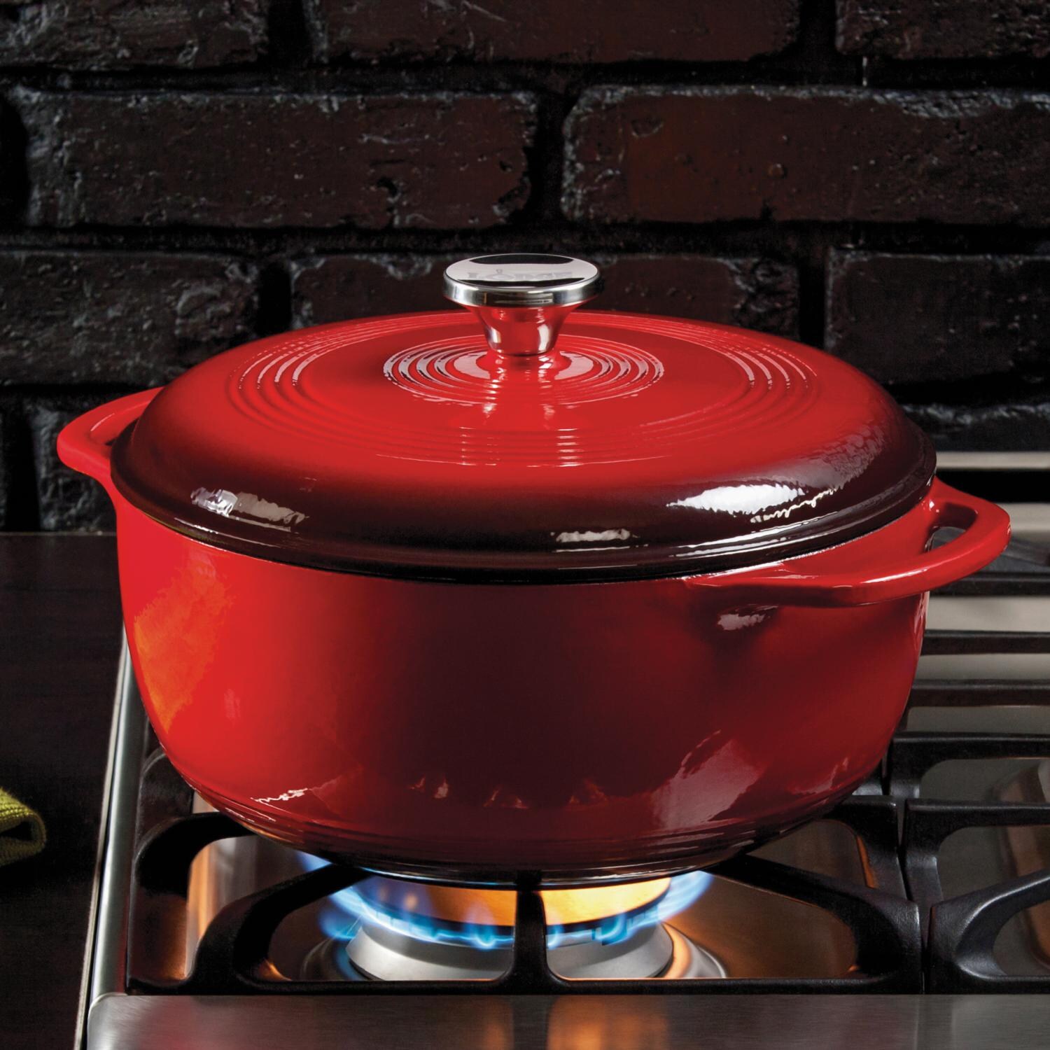Lodge Enamel Cast Iron 6 Quart Dutch Oven - Island Spice - EC6D43 - Shown In Use thumbnail