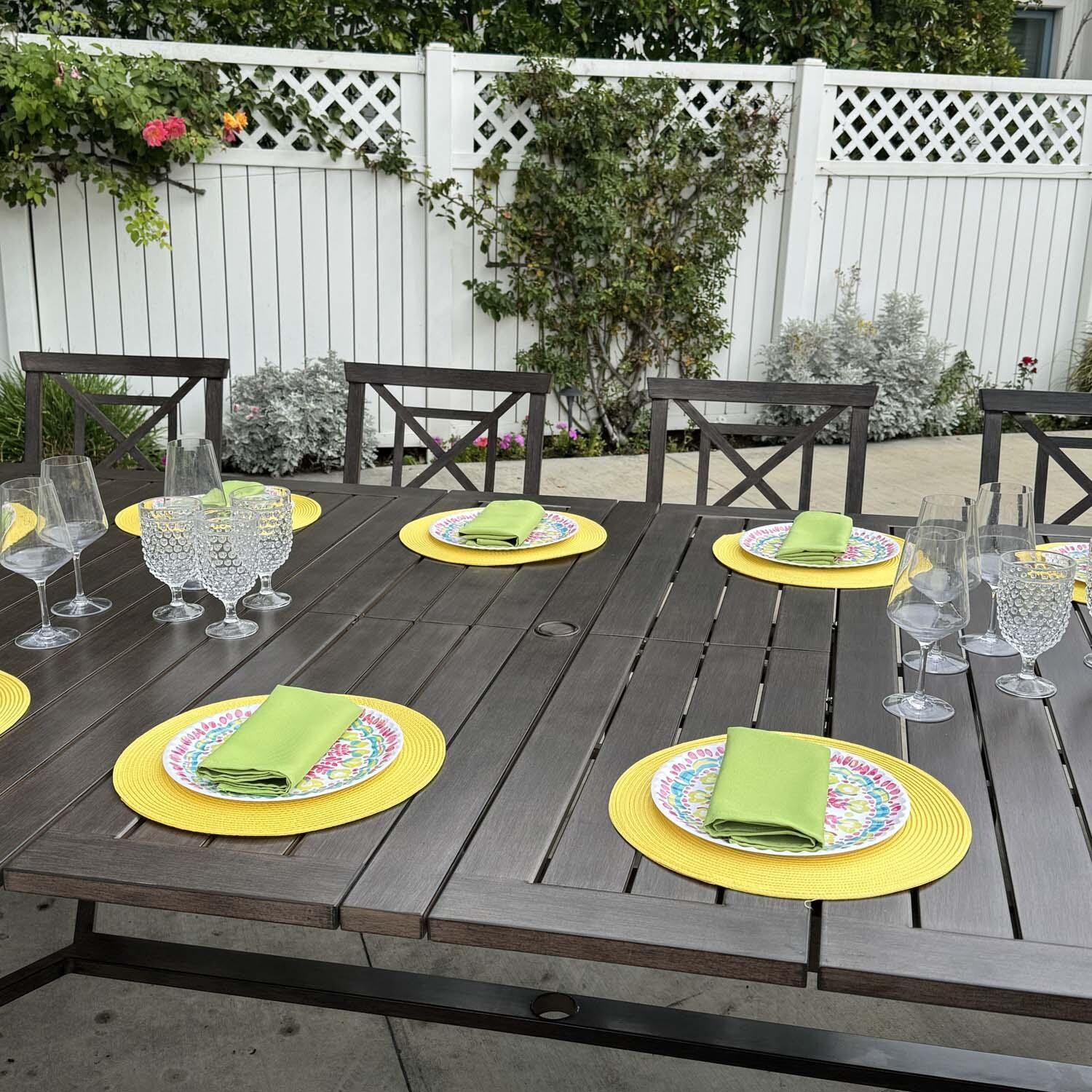 Atlantis 13 Pc Aluminum Dining Set in Walnut/Beige by Darlee - Close Up - Lifestyle thumbnail