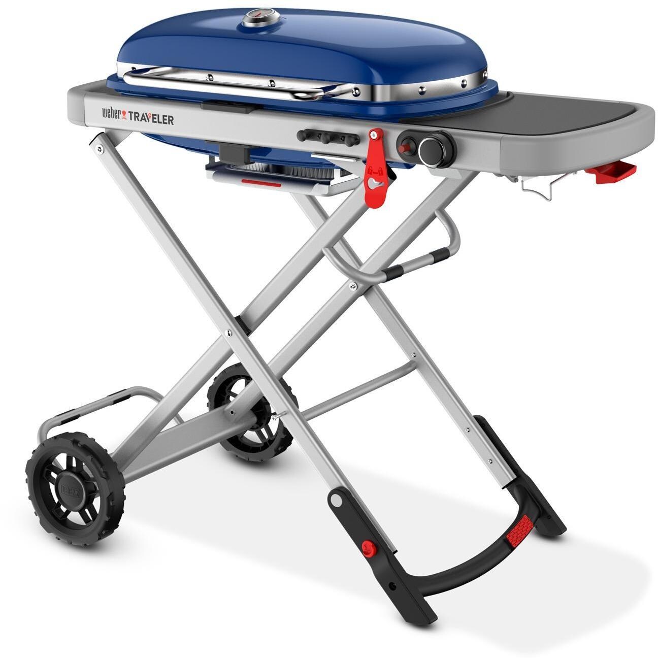 Weber Traveler 9020001 Portable Propane Gas Grill - Deep Ocean Blue - Right-Side Angled View - White Background thumbnail