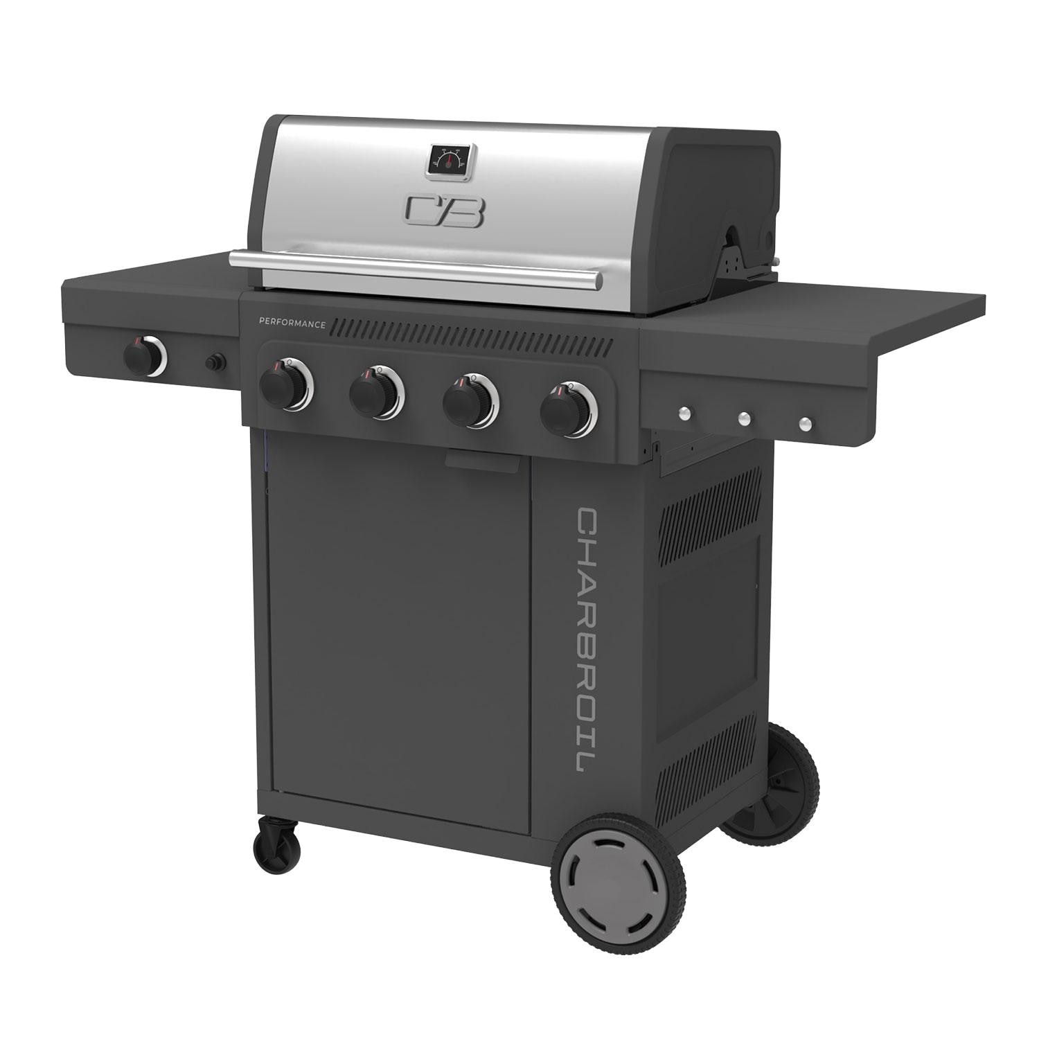 Charbroil 463348625 Performance Series 4-Burner Propane Grill Cabinet W/ Side Burner - Grey - Left Angle - White Background thumbnail