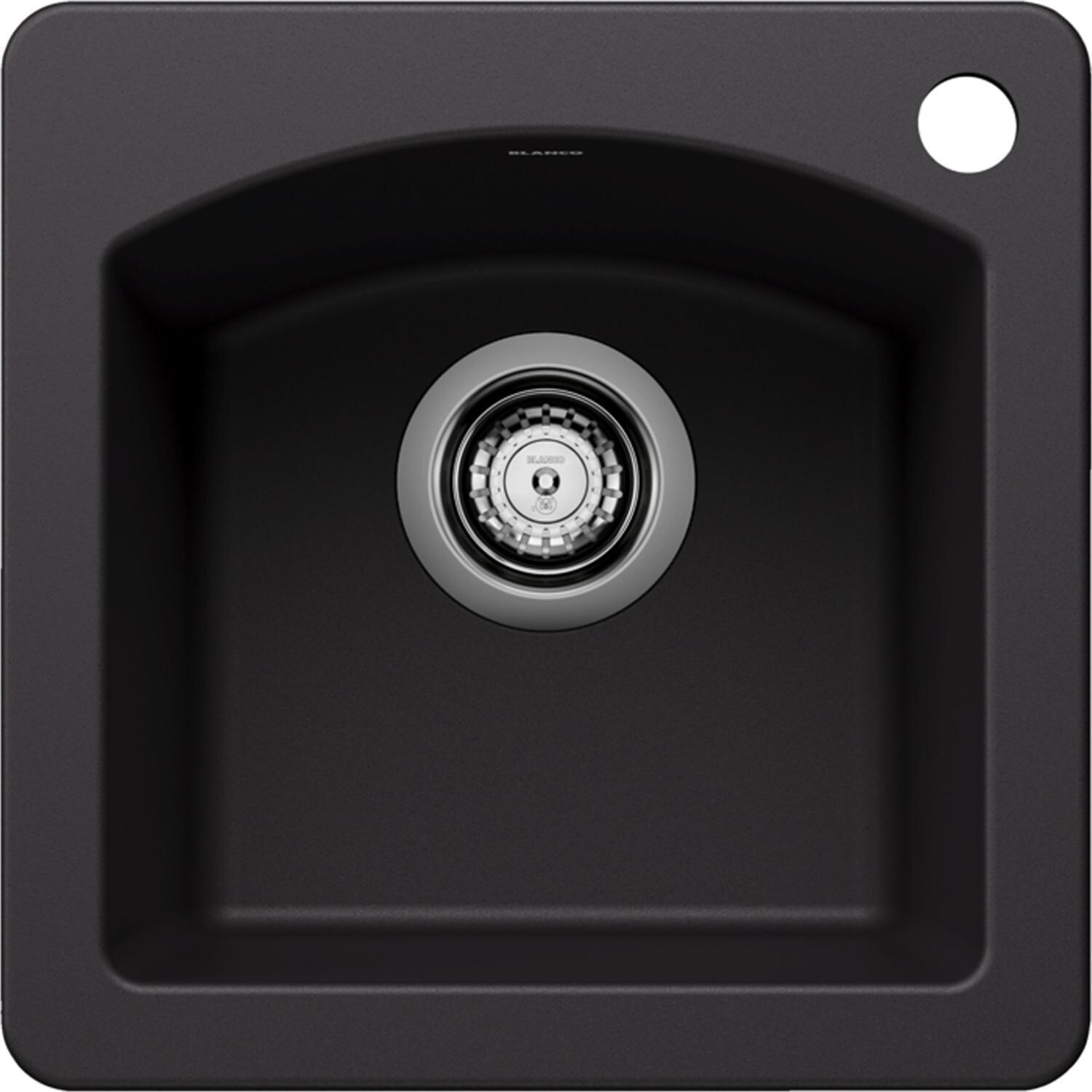 Blanco 442915 + 526401 + 240327 Diamond Silgranit 15 X 15 Drop-in/Undermount Bar Sink (Coal Black)w/ Blanco - Artona Pull-Down Dual Spray (Coal Black) and Matching Strainer - Sink - White Background thumbnail