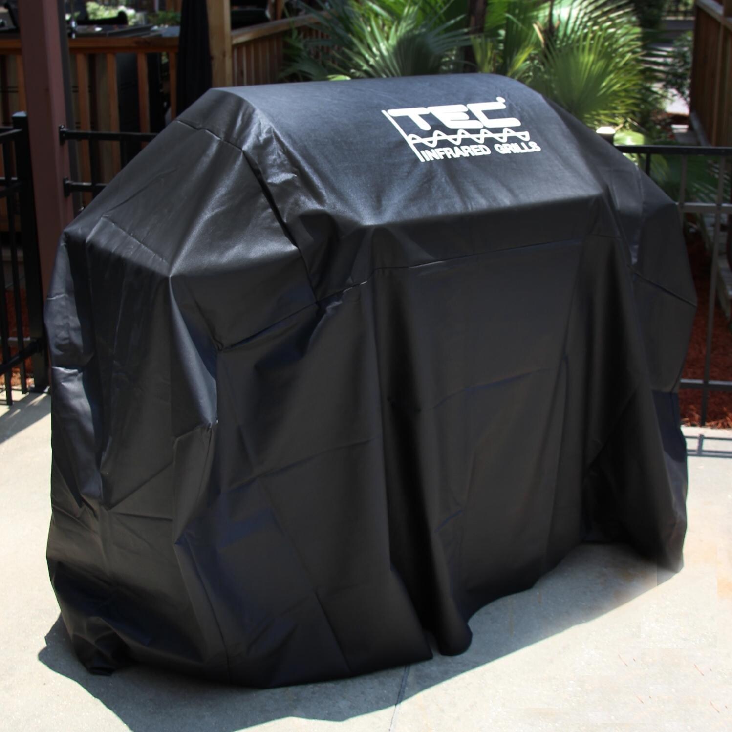 TEC Vinyl Grill Cover For Sterling II Grill On Cart With Two Side Shelves - Lifestyle View thumbnail