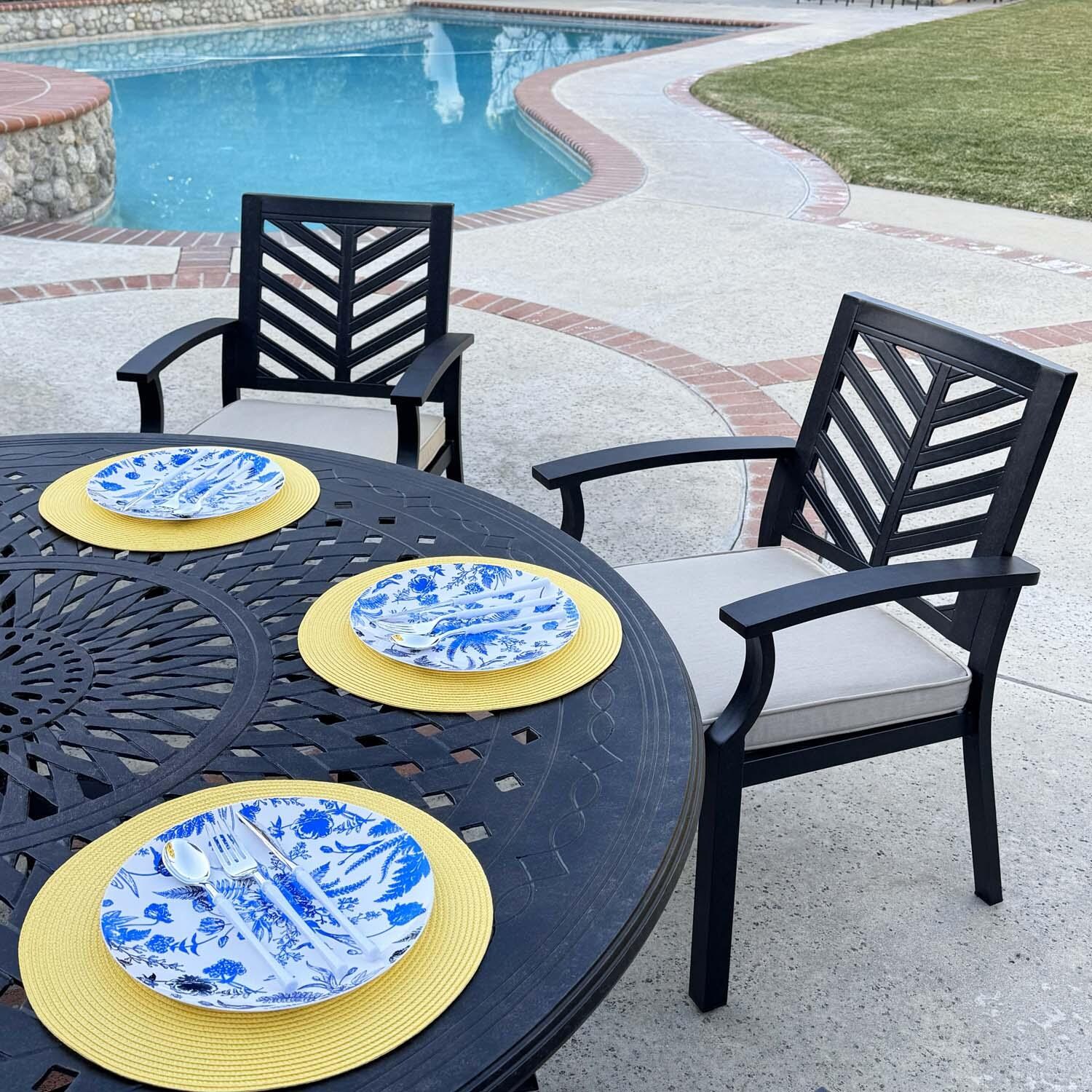 Palm Springs 7 Pc Aluminum Dining Set w/ Round Dining Table in Antique Bronze/Beige by Darlee - Close Up - Lifestyle thumbnail