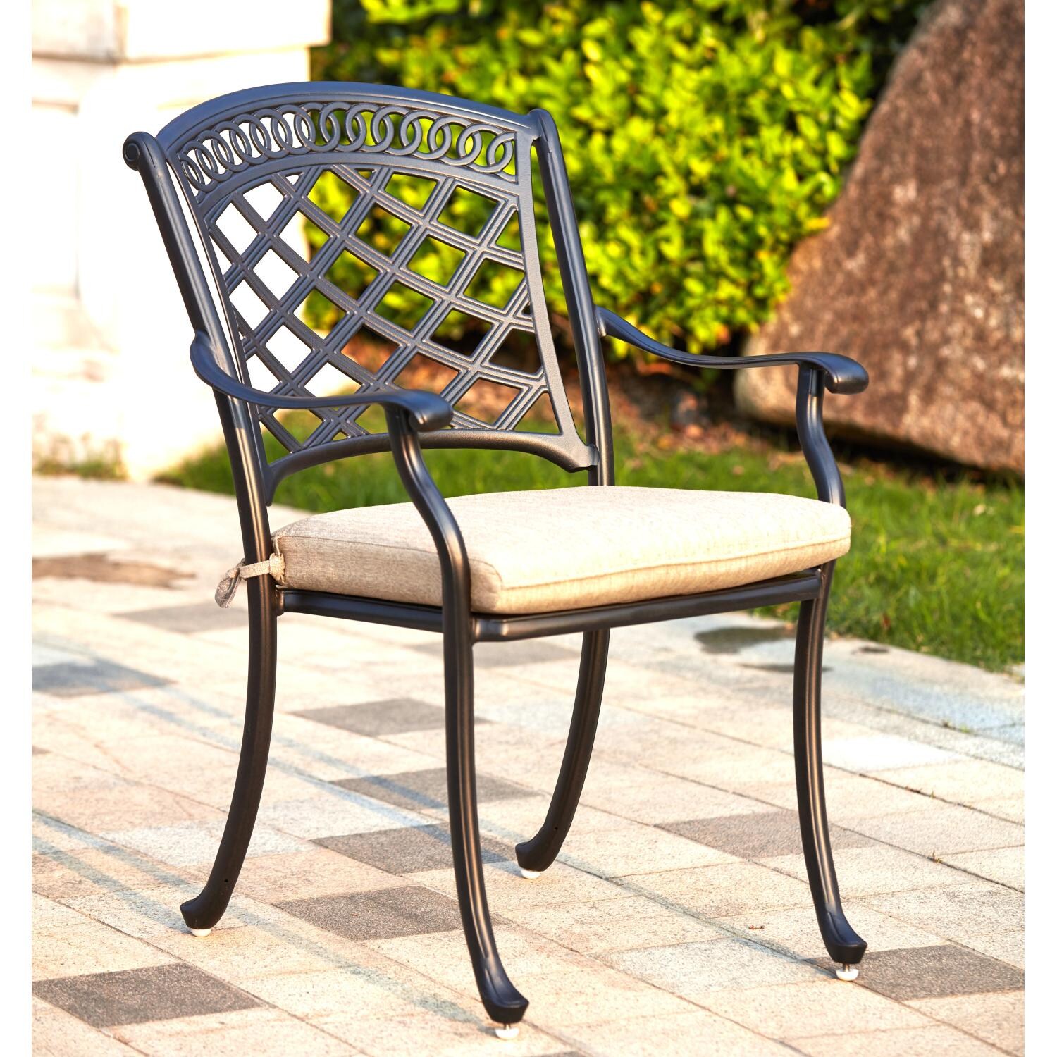 Darlee 201030-9PC-60GW Sedona 9 Piece Cast Aluminum Patio Fire Pit Dining Set W/ 64 Inch Square Table & Beige Canvas Cushions - Dining Arm Chair thumbnail