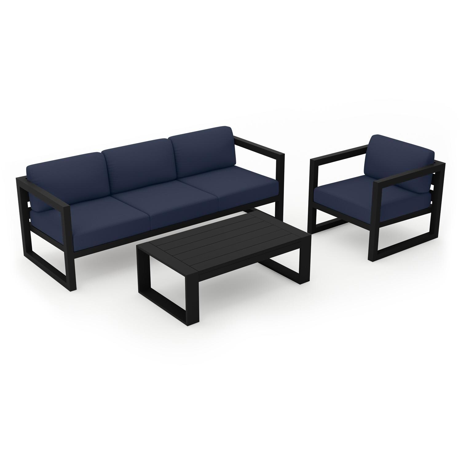 Lakeview MSTYCV-BK-3SS-IN Misty Cove 3 Pc Aluminum Seating Set in Black w/Portal Coffee Table & Spectrum Indigo Cushions by Lakeview Outdoor Designs - Set Angled View - White Background thumbnail