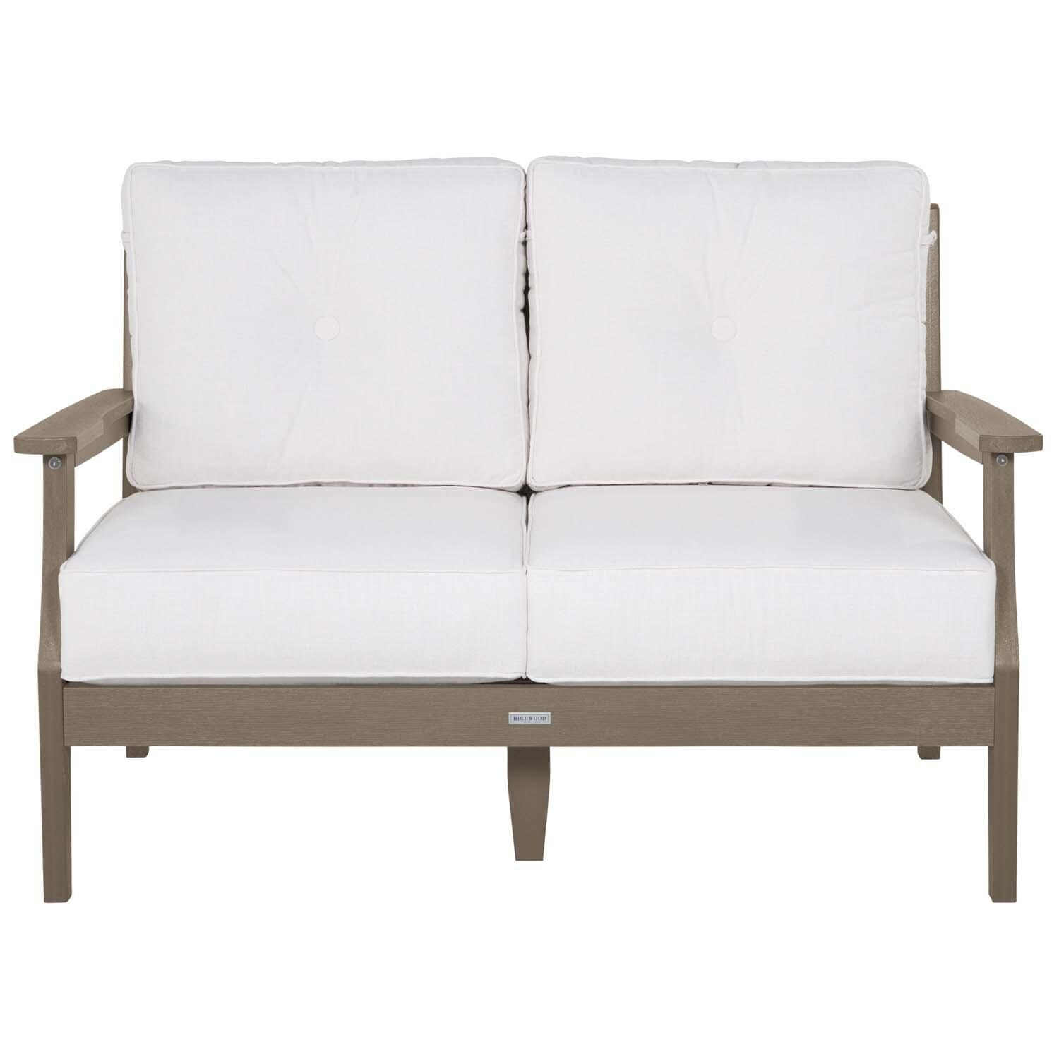Blushing Bay 2 Person Recycled Plastic Loveseat in Bliss Linen/Woodland Brown by Lakeview Outdoor Designs - White Background thumbnail