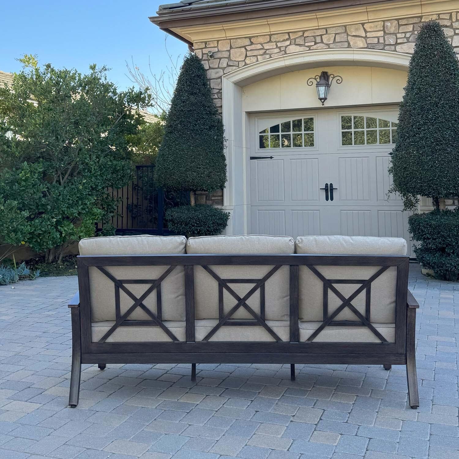 Atlantis 4 Pc Aluminum Seating Set w/ Rectangular Coffee Table in Walnut/Beige by Darlee - Sofa Back View - Detail thumbnail