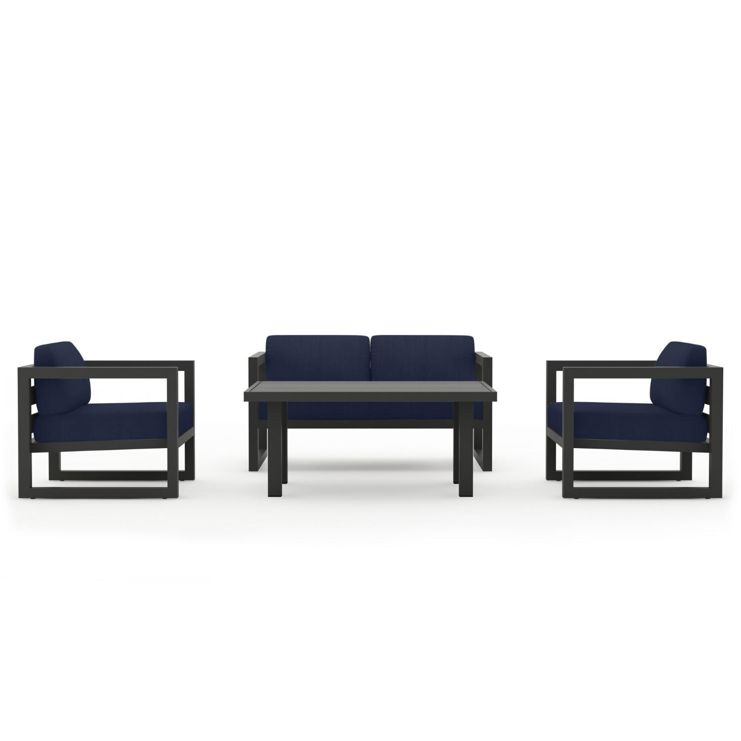 Lakeview MSTYCV-SL-SET114-IN Misty Cove 4 Pc Aluminum Seating Set in Slate w/Chat Table & Spectrum Indigo Cushions by Lakeview Outdoor Designs - Set Front View - White Background thumbnail