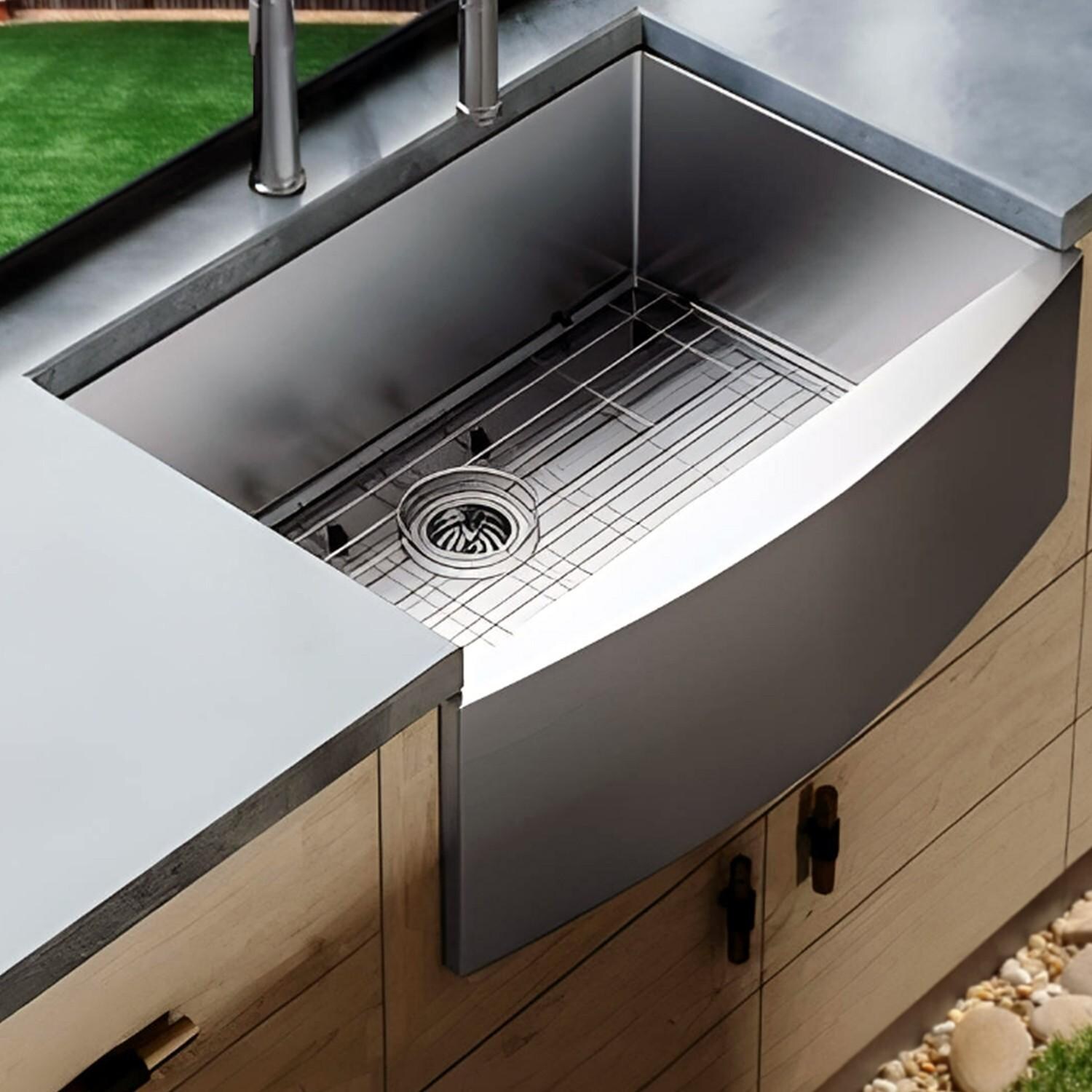 BBQGuys Signature Farmhouse Bowed Apron Stainless Steel 30-Inch Sink W/Grid and Strainer - Lifestyle thumbnail
