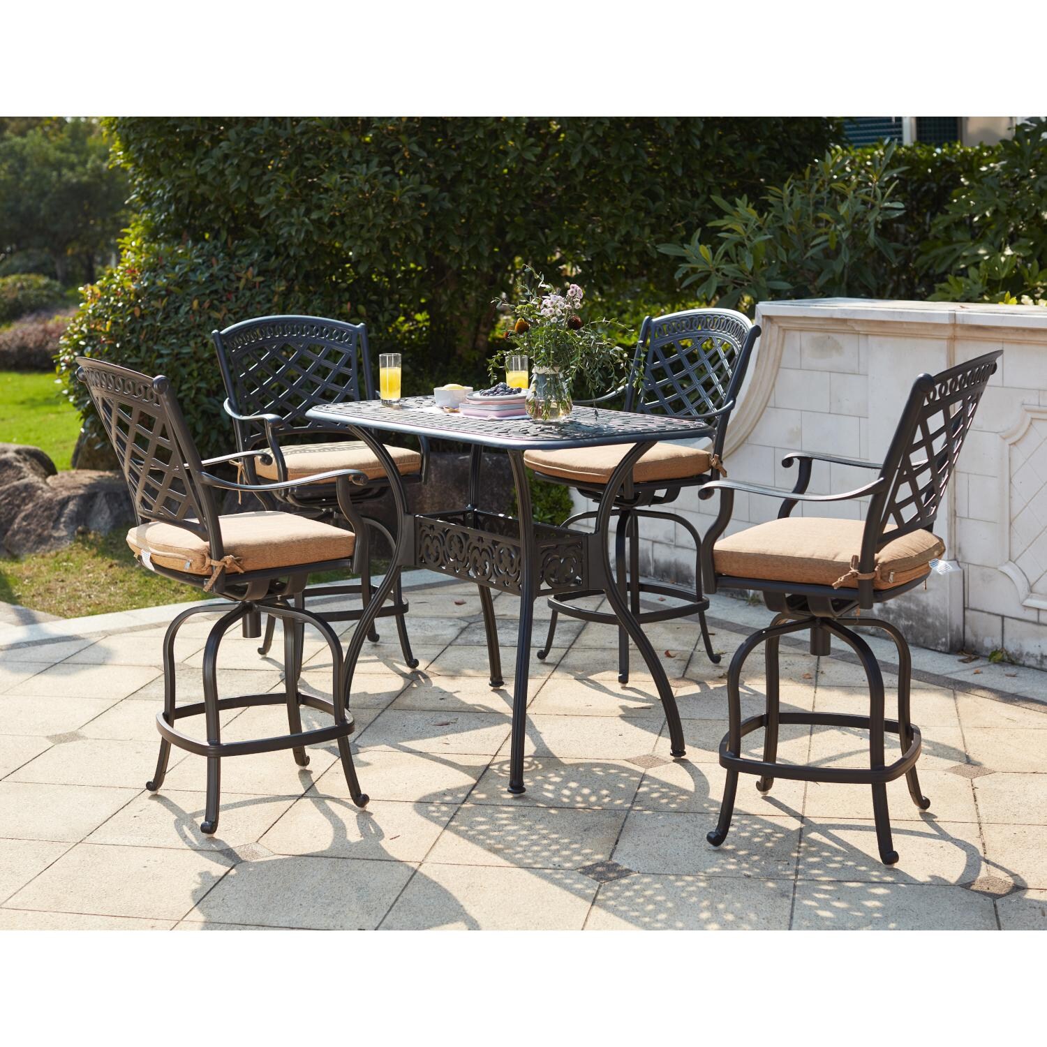 Darlee 201030-5PC-60CB Sedona 5 Piece Cast Aluminum Patio Counter Height Bar Set W/ 52 X 26 Inch Rectangular Table & Sesame Cushions - Lifestyle thumbnail