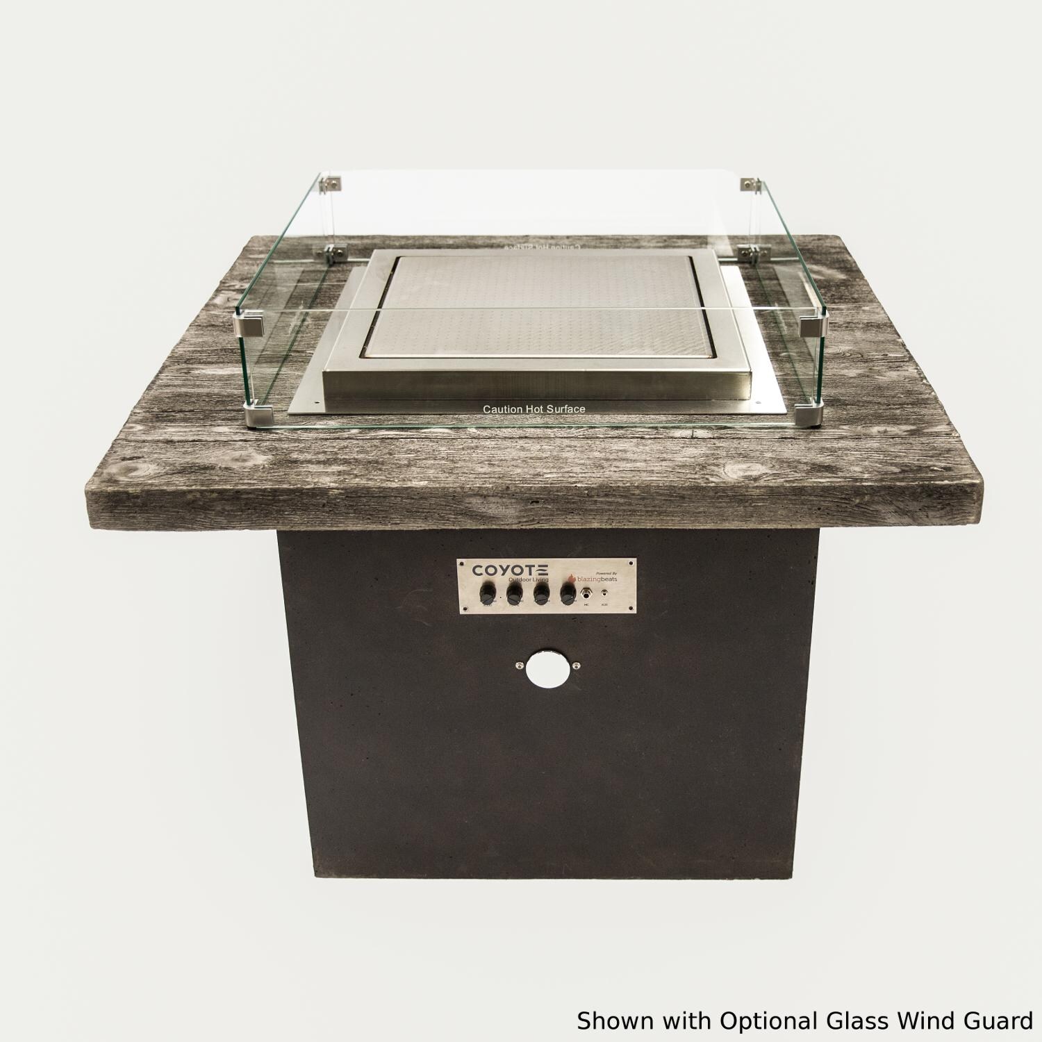 Blazing Beats Dancing Flame Fire Table with South Beach Loft Finish - Top Front View - Optional Wind Guard Shown thumbnail