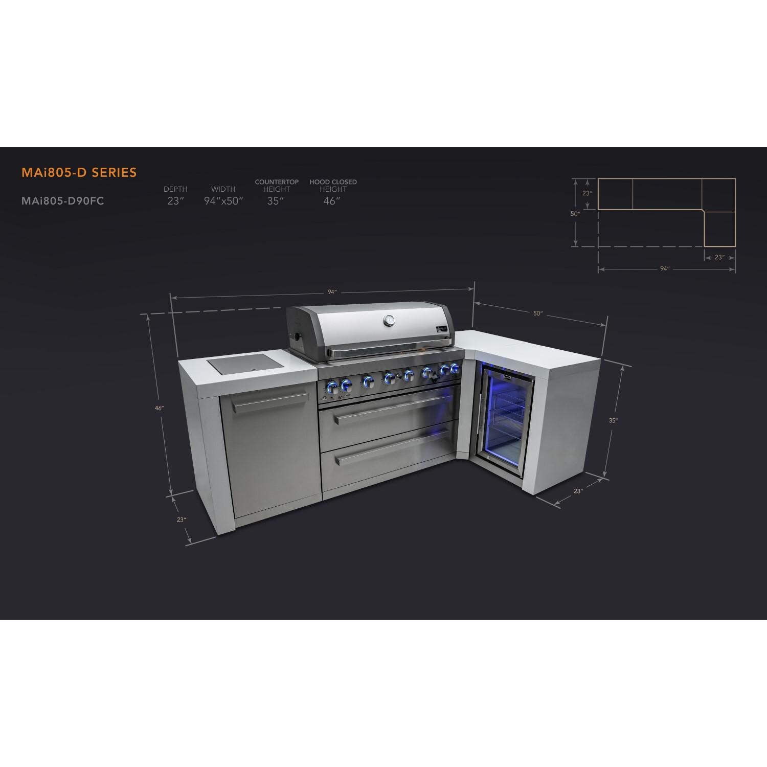 Mont Alpi - MAi805-D90FC - Deluxe 90 Degree Propane Gas Island Grill W/ Refrigerator Cabinet, Infrared Side Burner, & Rotisserie Kit - Dimensional thumbnail