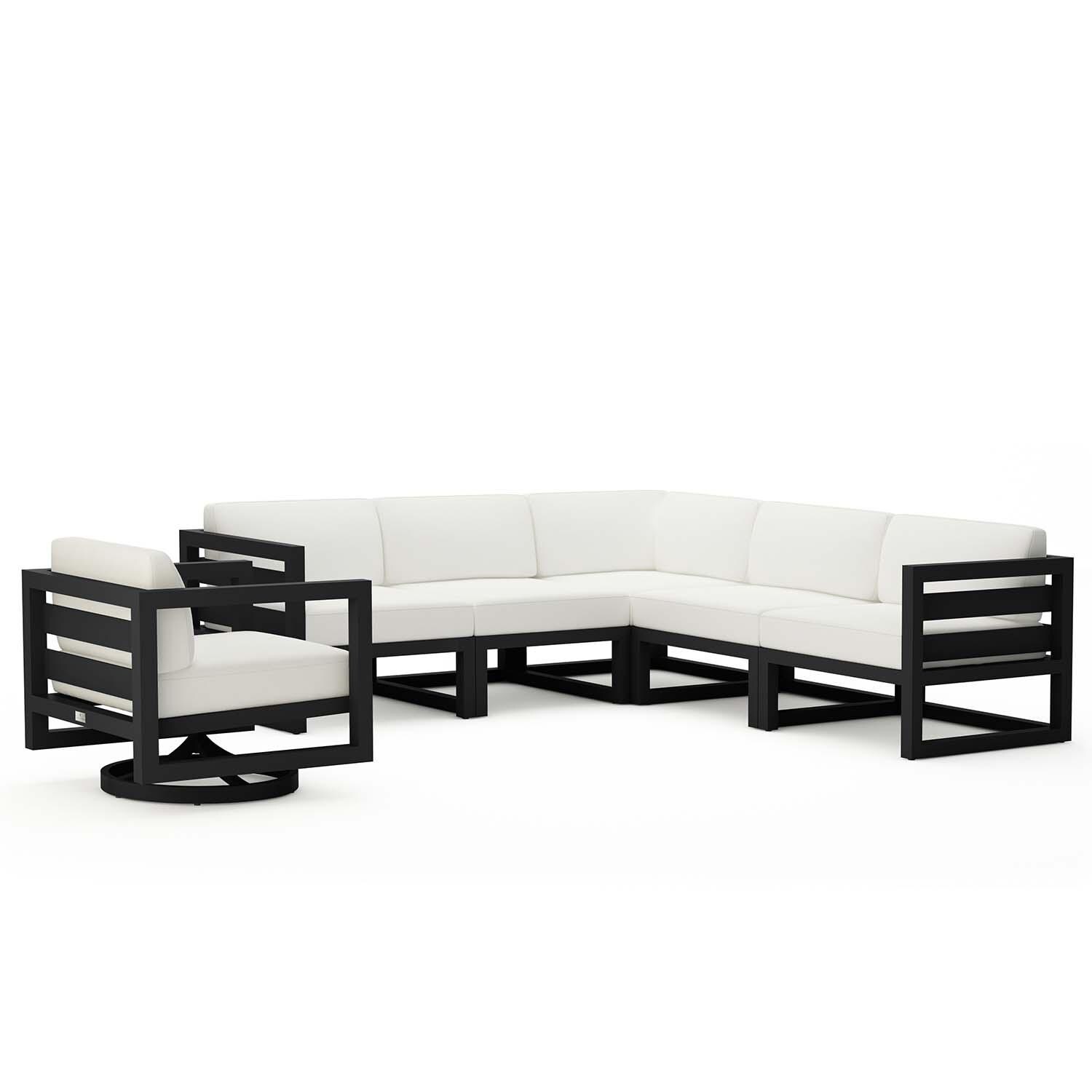 Misty Cove 6 Pc Aluminum Sectional Seating Set w/ Swivel Chairs in Black/Canvas Natural by Lakeview Outdoor Designs - Angled - White Background thumbnail