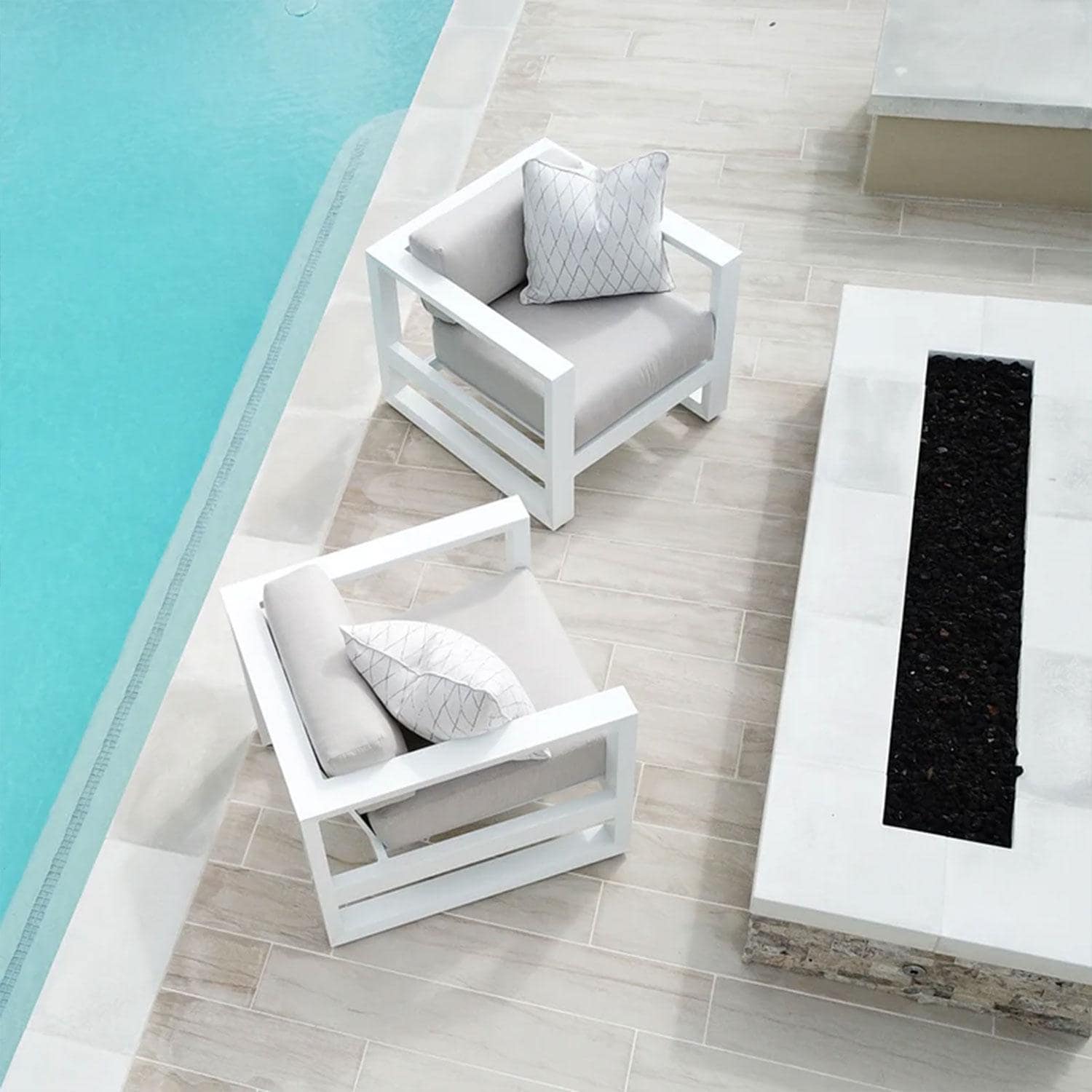 Newport Aluminum Patio Club Chair in Canvas Natural w/ No Welt by Sunset West - By The Pool - Shown in Cast Silver Cushion Color finish (Only One Club Chair) - Overhead View - Lifestyle thumbnail