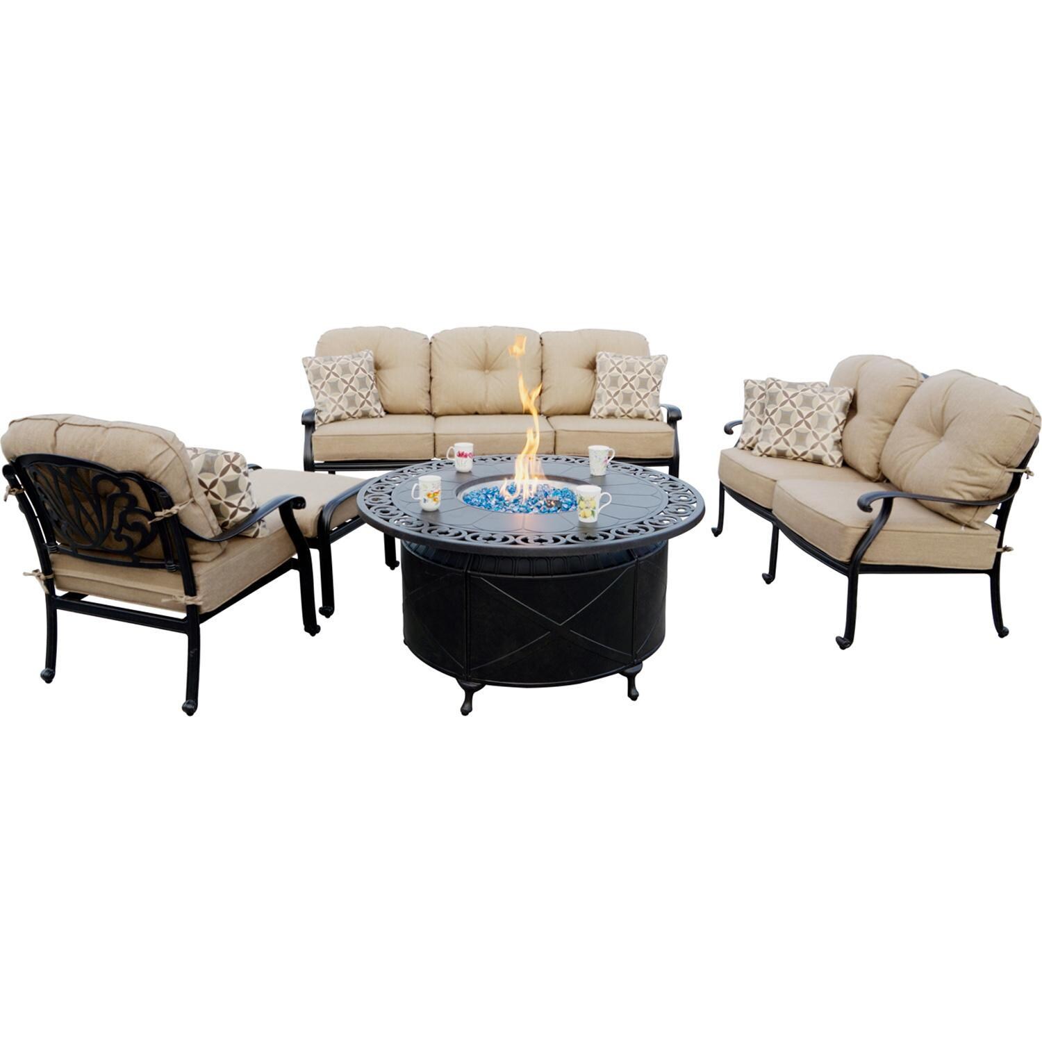 Elisabeth 5 Pc Cast Aluminum Fire Pit Seating Set w/ 47 Inch Table Throw Pillows in Antique Bronze/Beige Canvas by Darlee