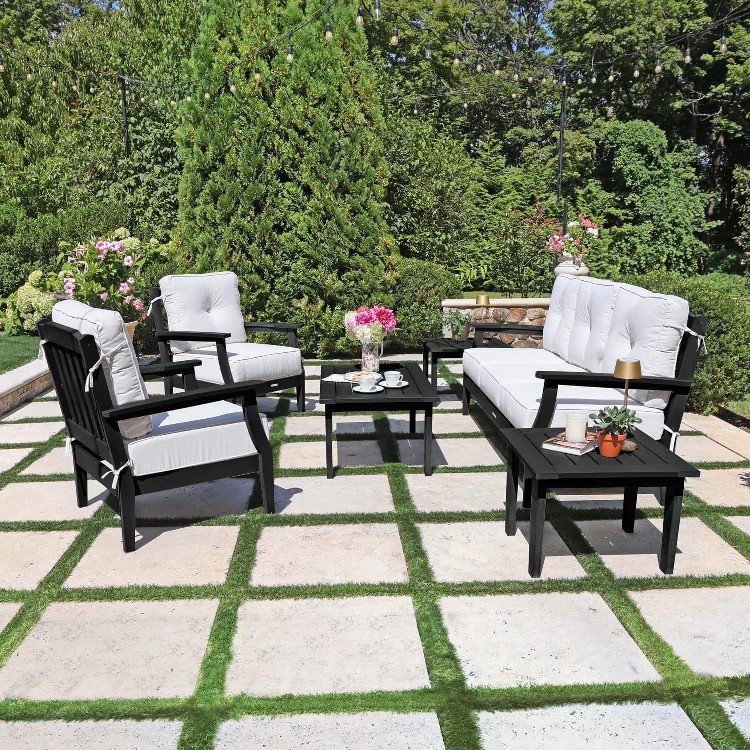 Blushing Bay 6 Pc Recycled Plastic Seating Set w/ Sofa in Bliss Linen/Black by Lakeview Outdoor Designs - Side View - Lifestyle thumbnail
