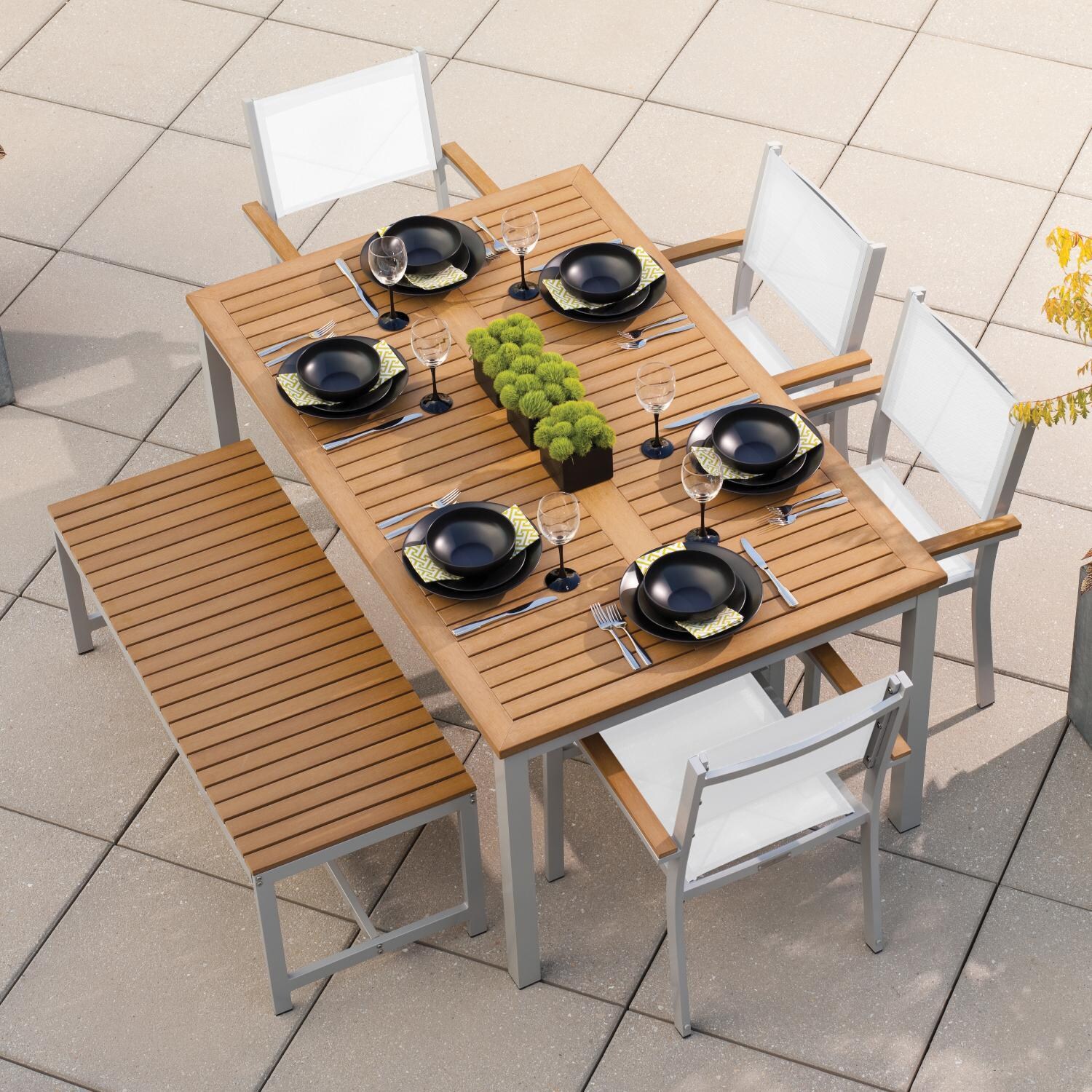 Oxford Garden Travira 6 Piece Flint Aluminum Patio Dining Set W/ Natural Sling Armchairs, 63-Inch Rectangular Natural Tekwood Table & Backless Bench thumbnail