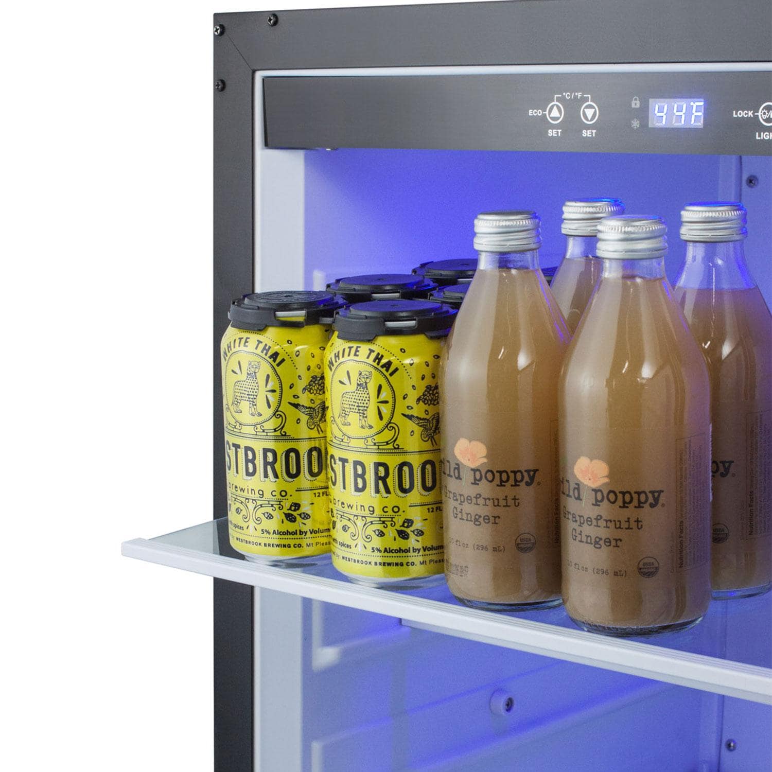 Summit SPR623OSCSS 24 Inch 4.6 Cu. Ft. Outdoor Stainless Steel Refrigerator - Close Up View of Beverages  - White Background thumbnail