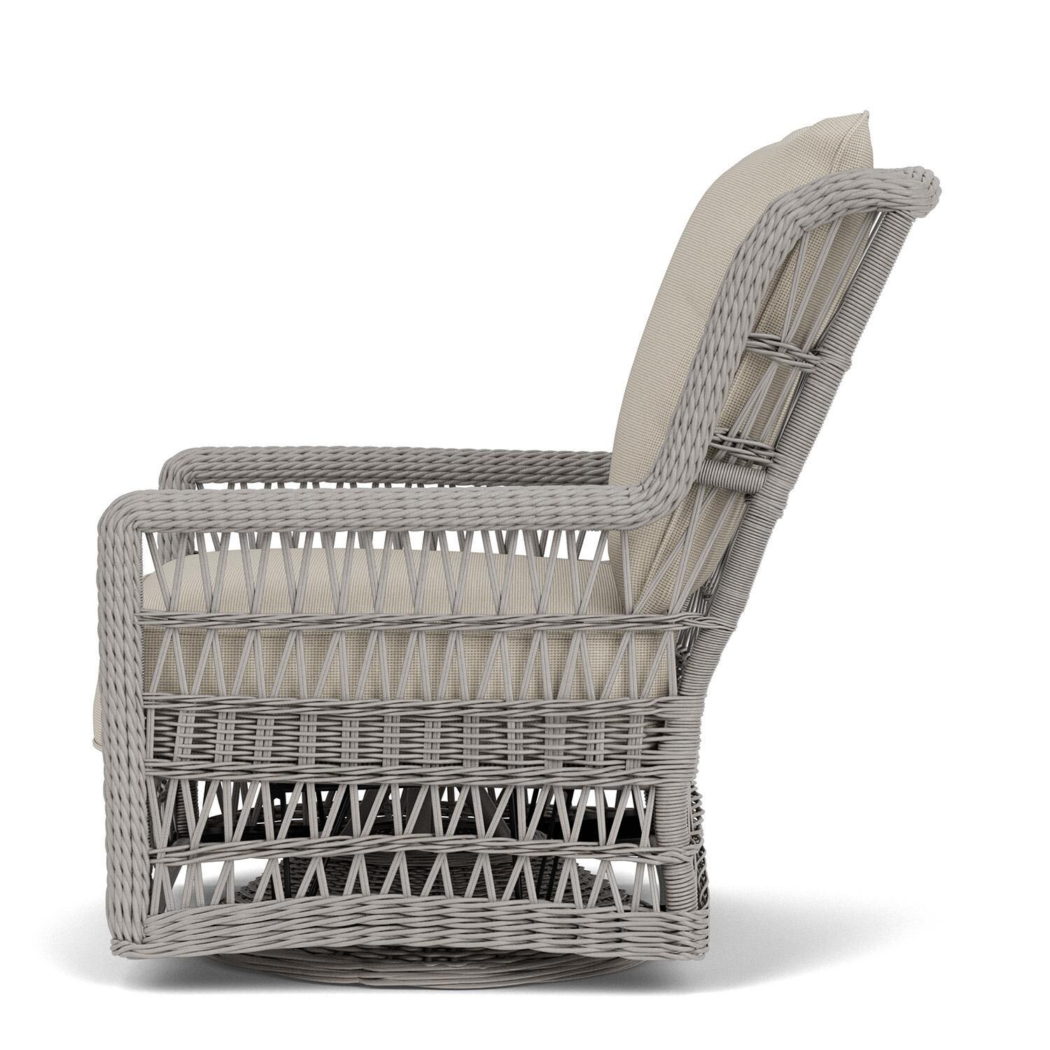 Lloyd Flanders Mackinac High Back Swivel Glider Lounge Chair in Putty Finish with Fife Fog Fabric - Left Side thumbnail