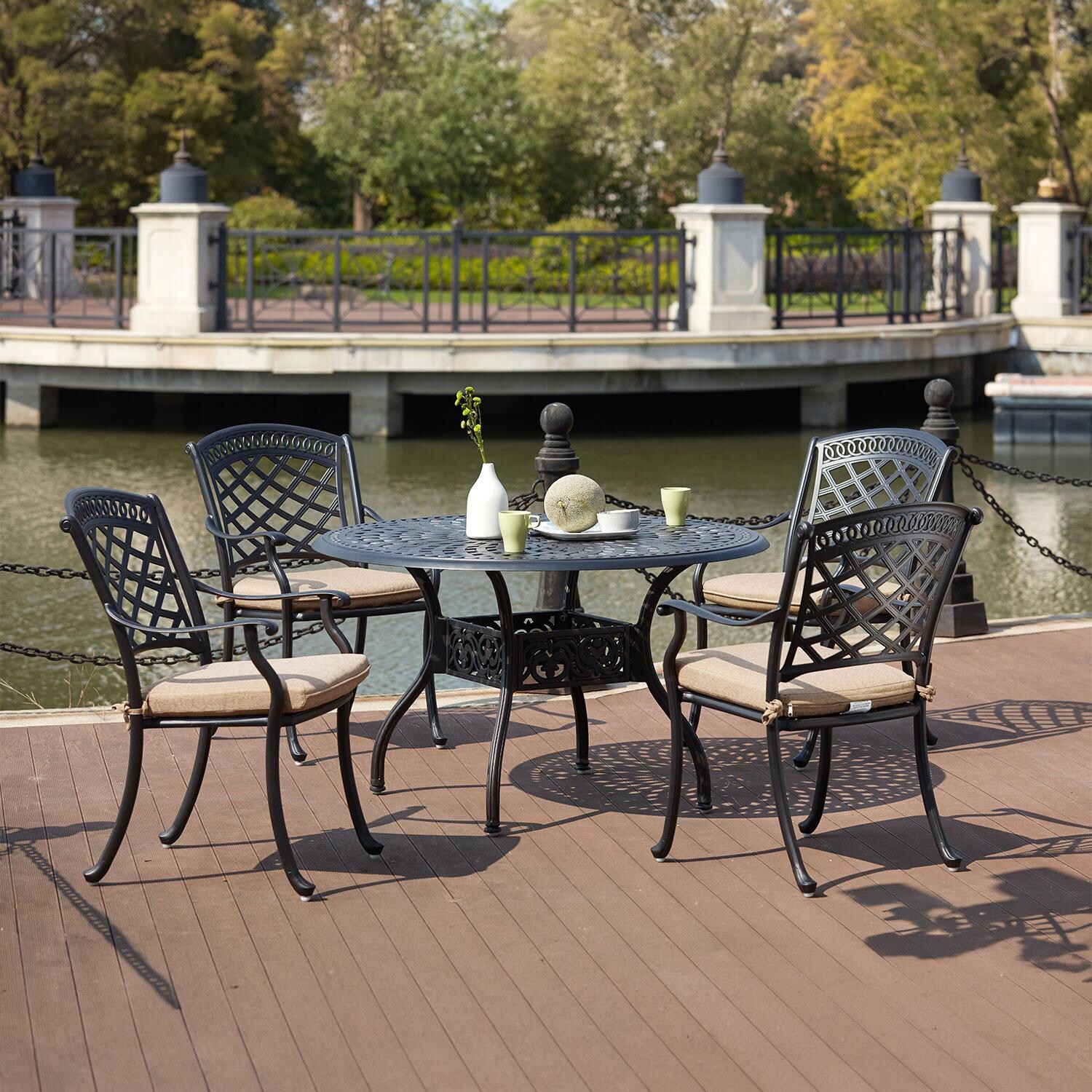 Sedona 5 Pc Cast Aluminum Dining Set w/ 48 Inch Round Series 60 Table in Antique Bronze/Beige Canvas by Darlee
