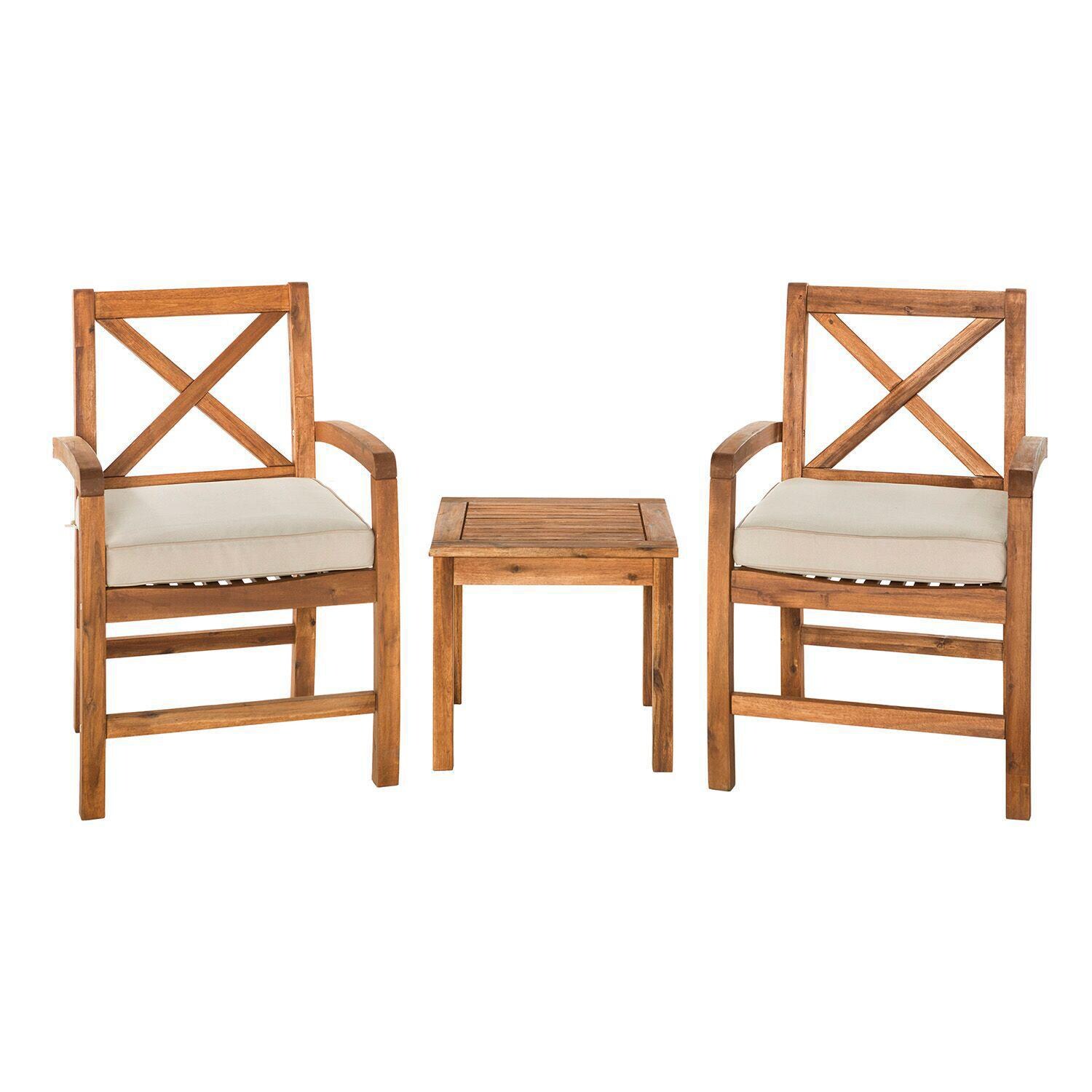 Ultimate Patio Camille Way 3 Piece Acacia Patio Conversation Set W/ Natural Cushions - Front View thumbnail