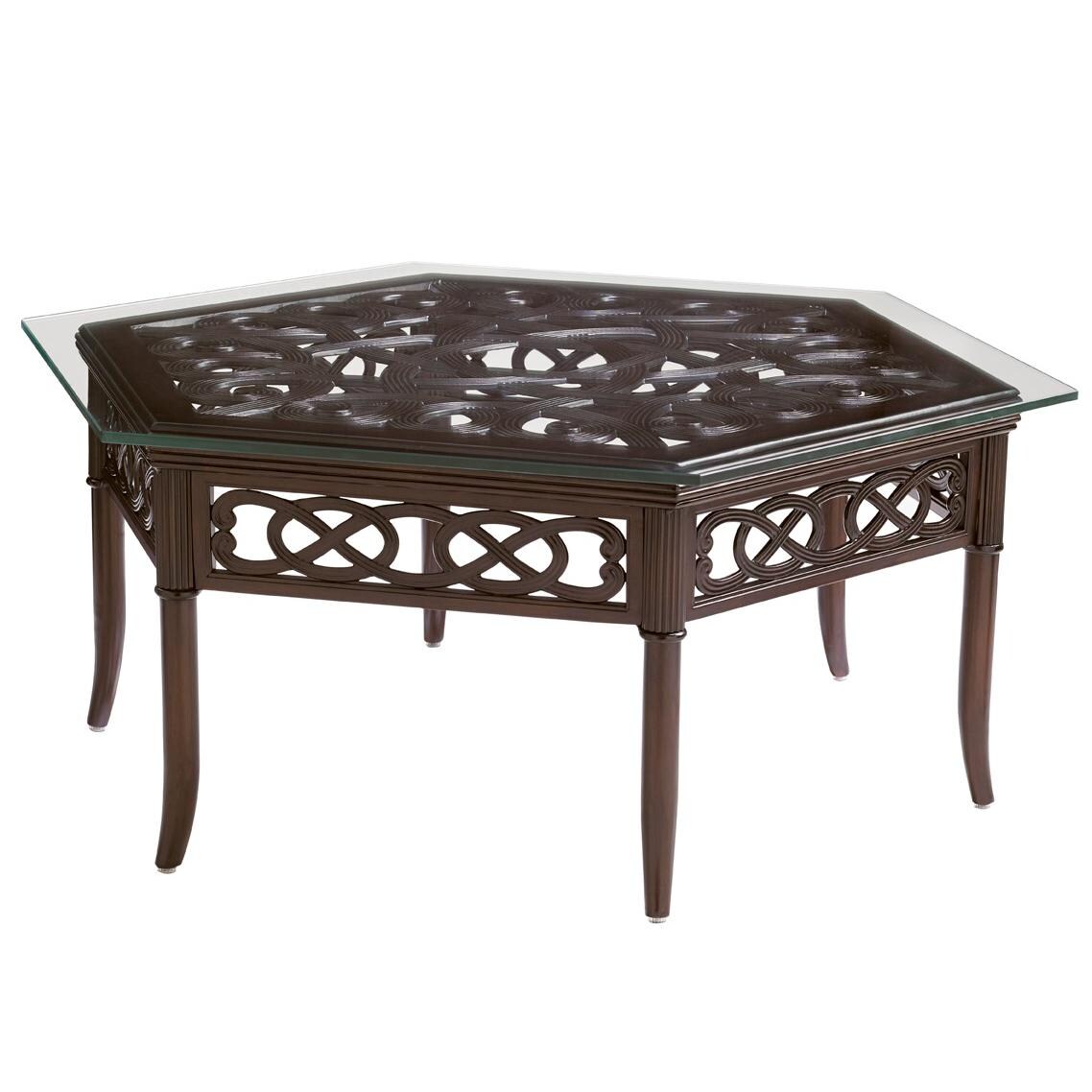 Black Sands 48 Inch Hexagonal Cast Aluminum Patio Coffee Table W/ Glass Top By Tommy Bahama