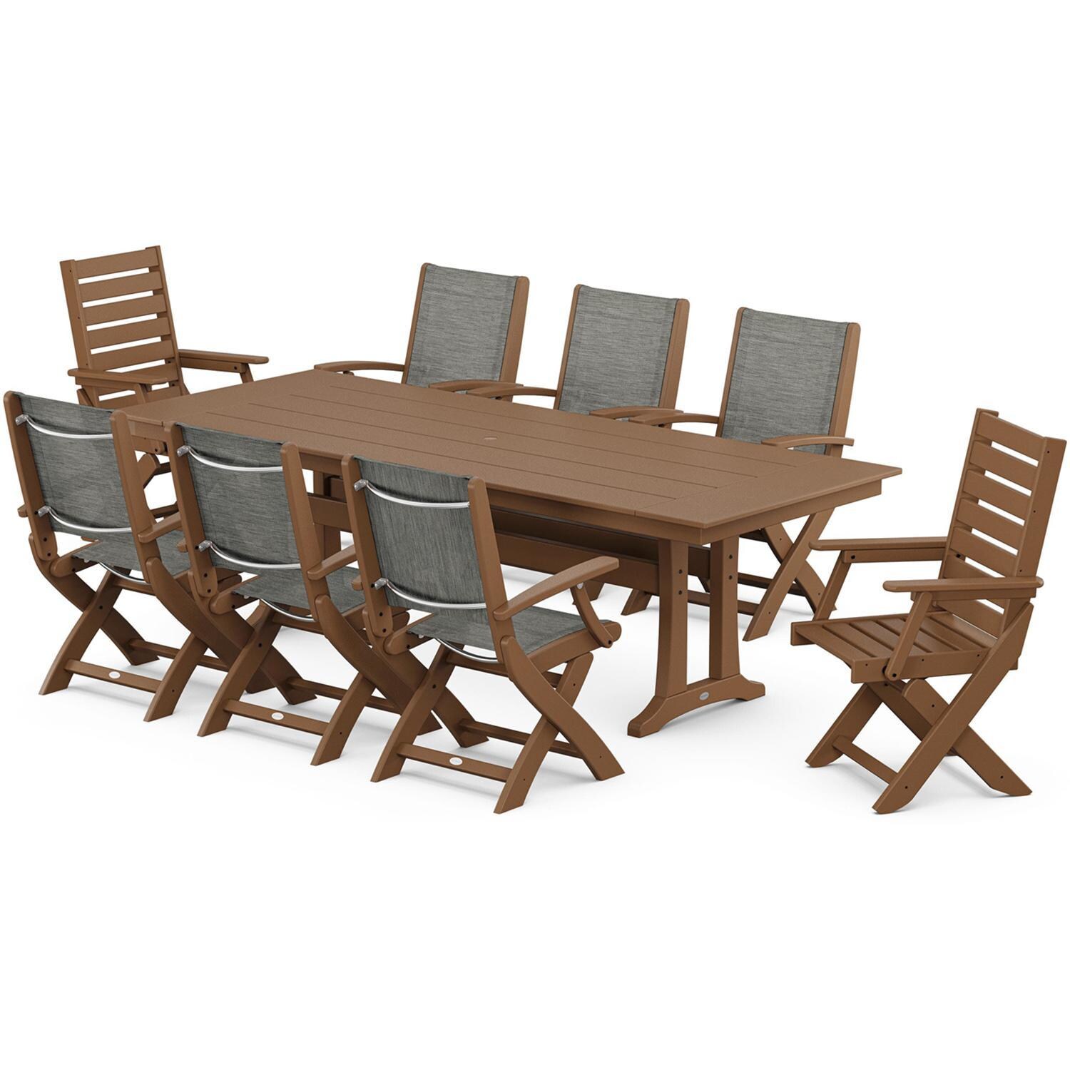 POLYWOOD PWS2534-1-TE915 Creekside Polywood 9-Piece Farmhouse Dining Set Onyx Sling Chairs in Teak - Set - White Background thumbnail