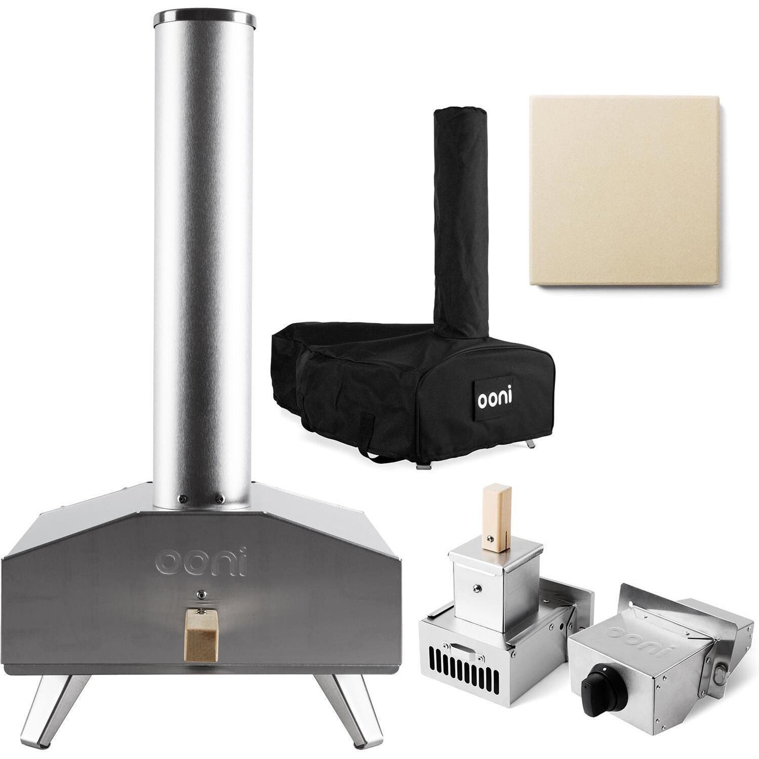 Ooni 3 Portable Outdoor Wood-Fired Pellet Pizza Oven Bundle W/ Gas Burner & Cover / Bag - Stainless Steel