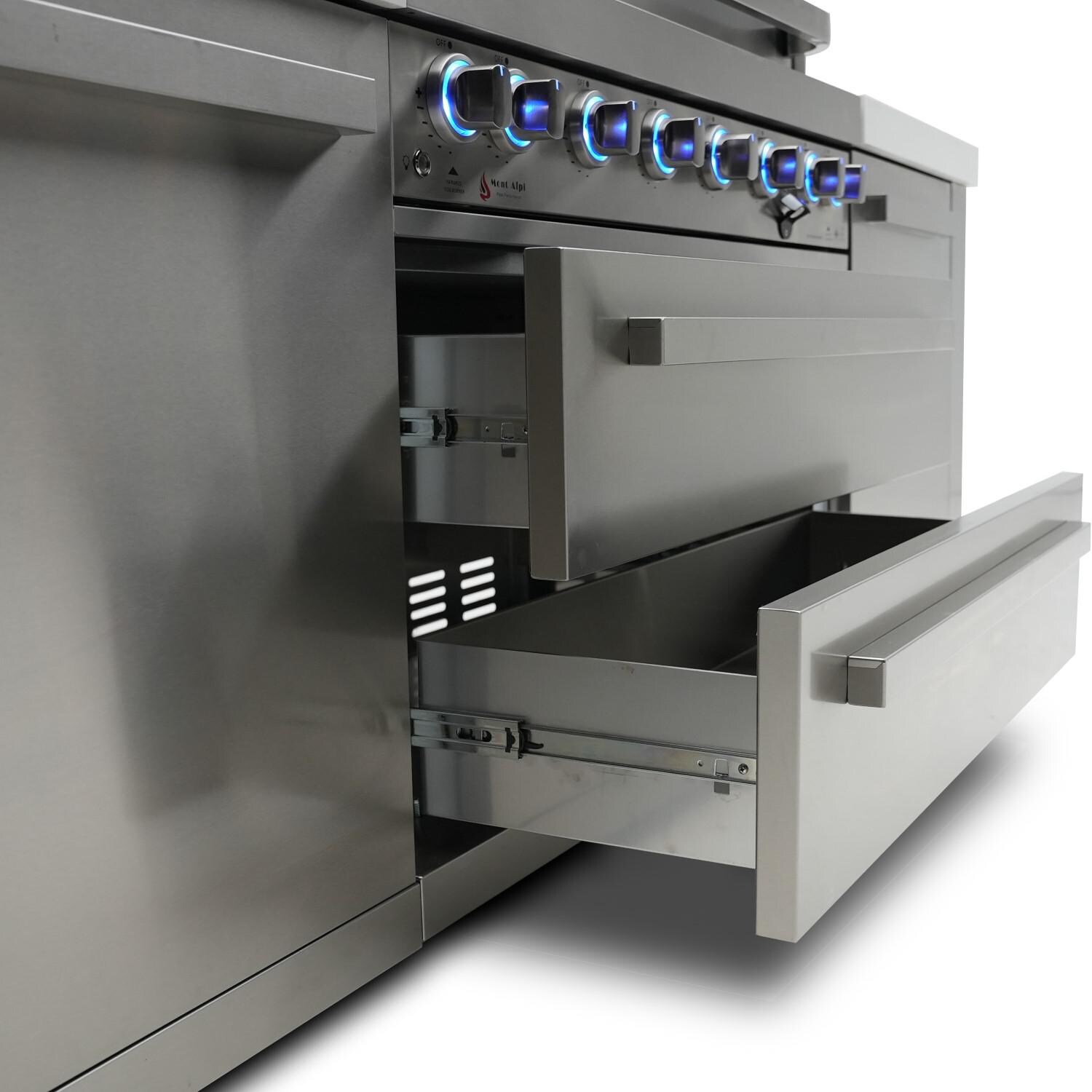 Mont Alpi - MAi805-D45 - Deluxe 45 Degree Propane Gas Island Grill W/ Infrared Side Burner & Rotisserie Kit - Drawers Open thumbnail