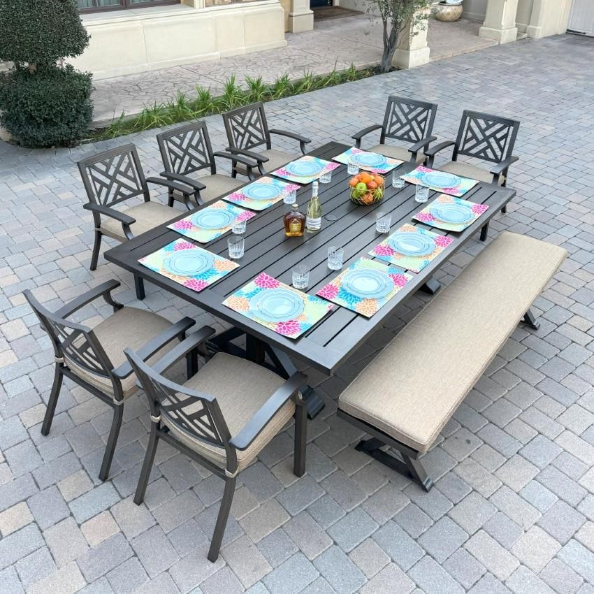 Darlee Brooklyn 9-Piece Patio Dining Set (with 7 Dining Chairs and 1 Bench) with Cushions and 59 X 88 Inch Rectangular Dining Table - Set - Lifestyle thumbnail