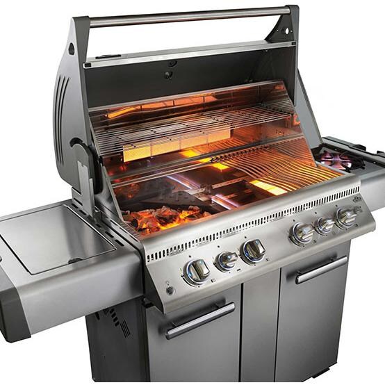 Napoleon LEX 605 Natural Gas Grill On Cart - Shown With Burners On (Pictured With Optional Charcoal Tray - NOT INCLUDED) thumbnail