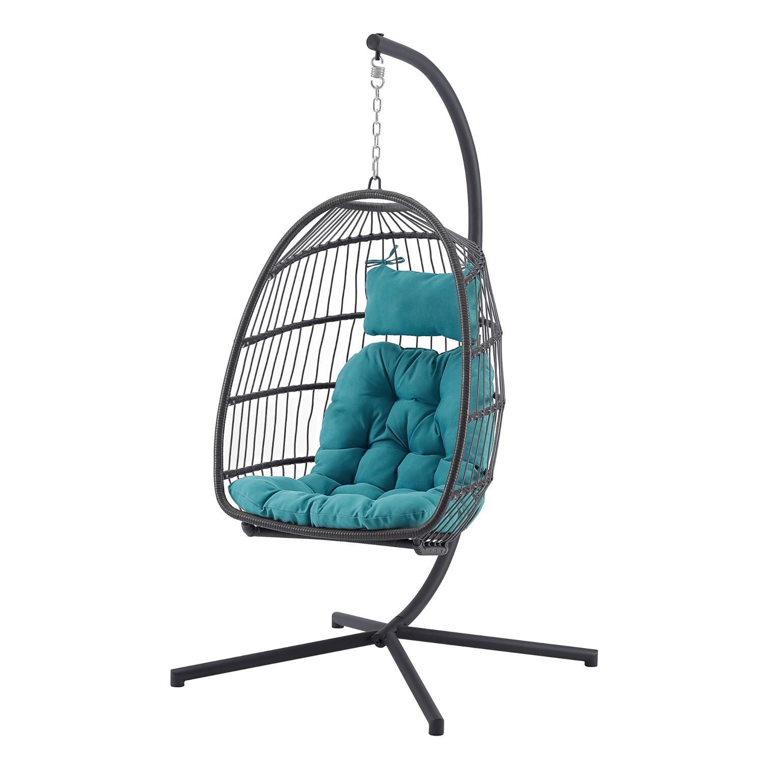 Ultimate Patio Resin Rattan Swing Chair W/ Steel Frame - Gray/Teal - Angled Left thumbnail
