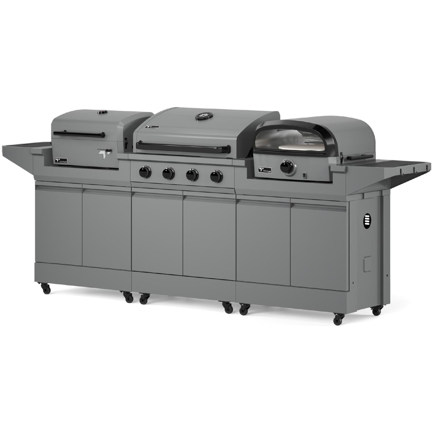 TYTUS TDT-BUN-065 Modular Trio w/ 4-Burner Gas Grill, Charcoal Grill & Gas Pizza Oven - Angled Left - White Background thumbnail