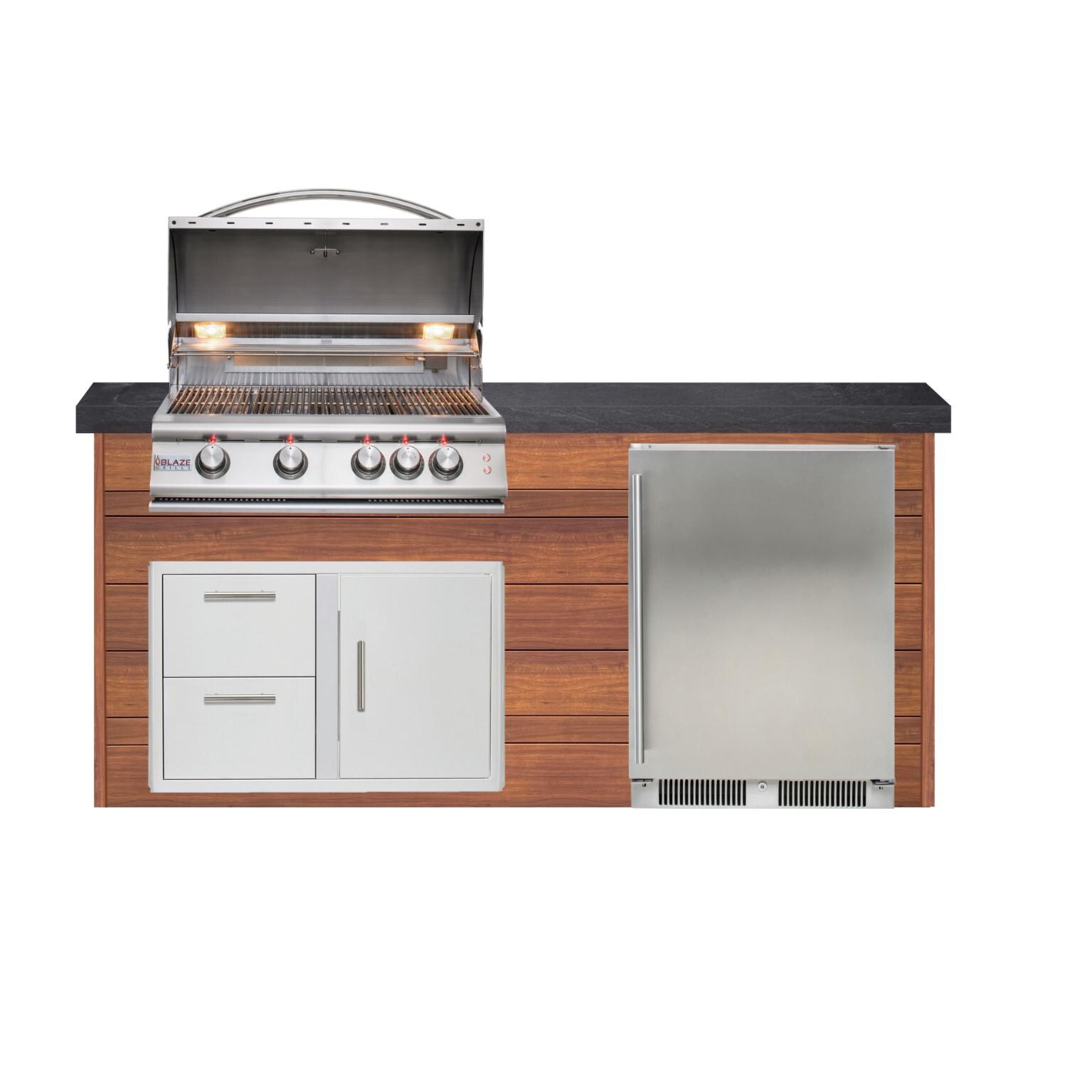 BBQGuys Signature 6ft Luxury Outdoor Island W/ Blaze Premium LTE 32-Inch Propane Grill & Outdoor Rated Refrigerator - Light National Walnut Aluminum w/ Black Polished Granite thumbnail