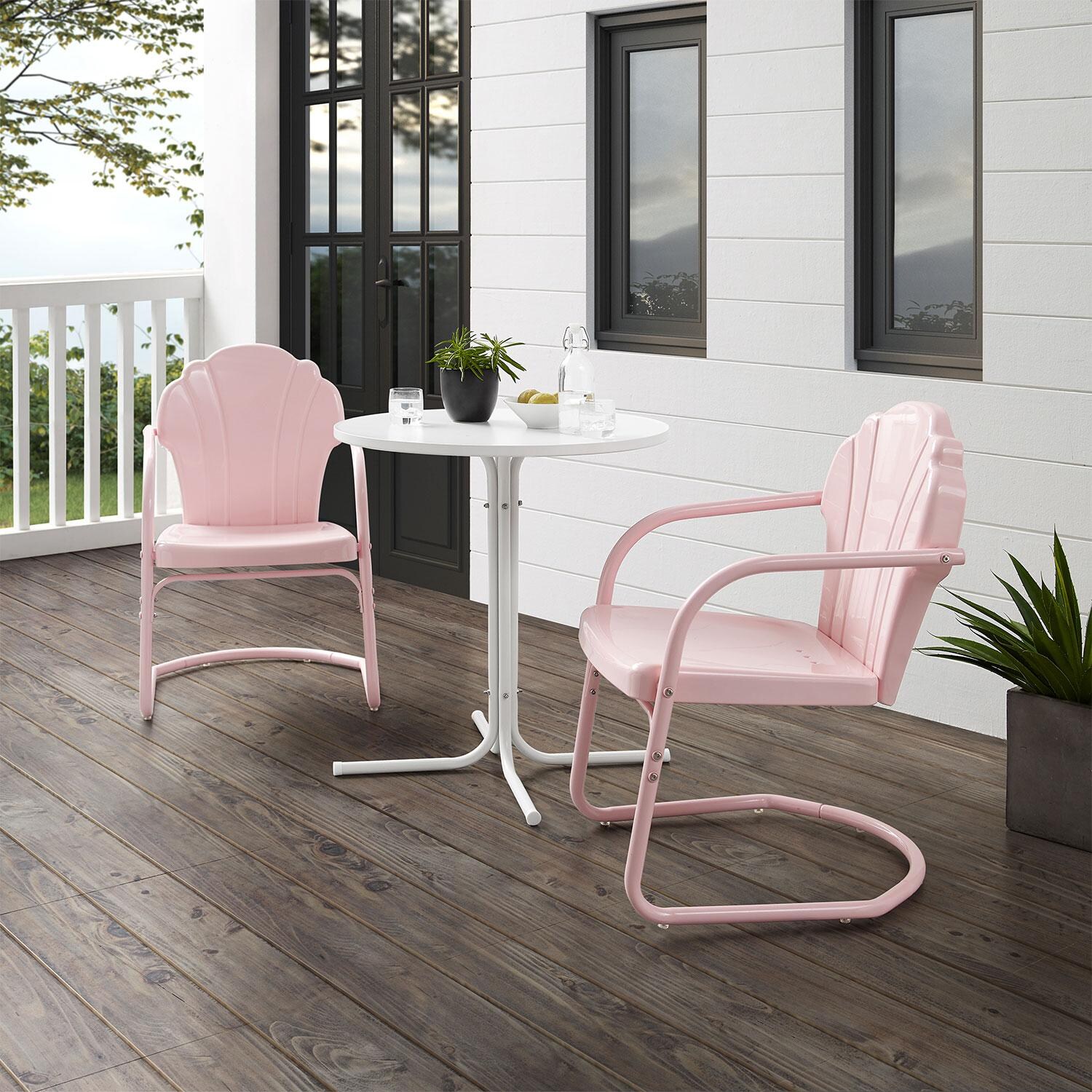 Ultimate Patio UP-32243PI 3Pc Retro Outdoor Bistro Set in Pastel Pink - Angled On Patio - Lifestyle thumbnail