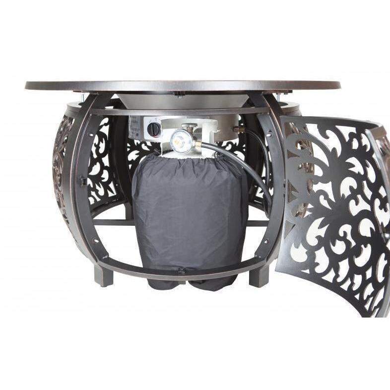 WestCay 5 Pc Resin Wicker Fire Pit Seating Set in Antique Bronze by Ultimate Patio - Fire Pit - Included Propane Tank Cover - White Background thumbnail