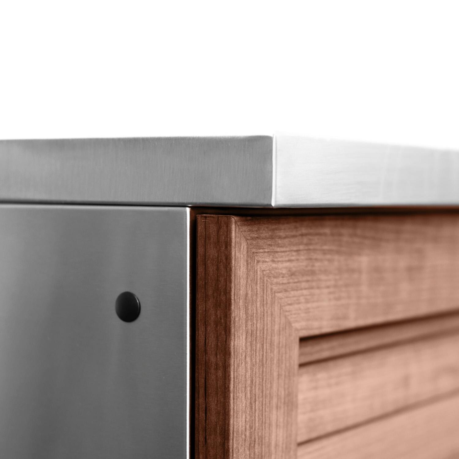 NewAge Products 67902 Classic Series 10 1/2 Ft Outdoor Kitchen Island w/ 36-in Natural Gas Grill, Refrigerator, Trash Bin, Door & Drawer in Grove/Stainless Steel - Corner - Detail thumbnail