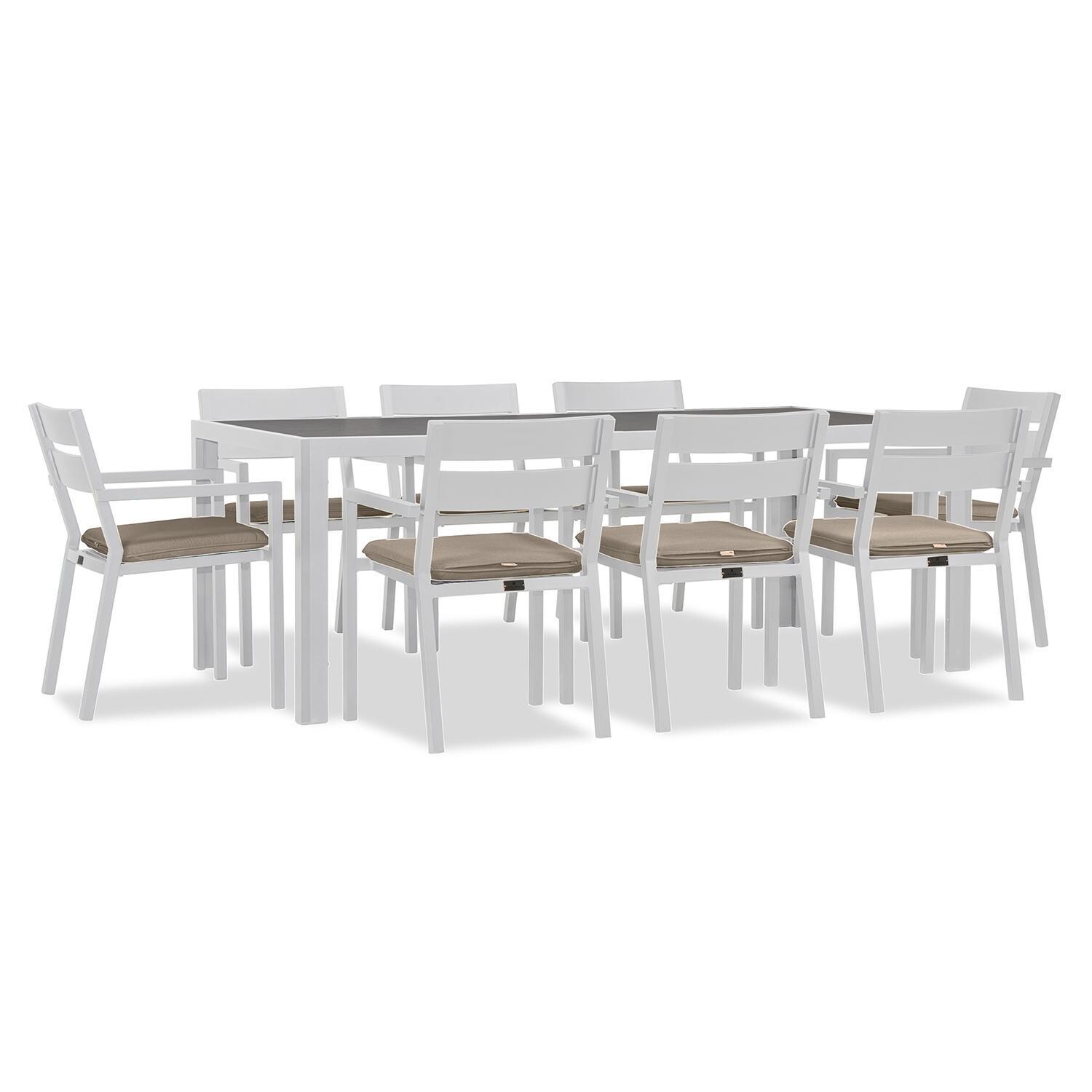 Calm Bay 9 Pc Rectangular Aluminum Dining Set in White/Heather Beige by Lakeview Outdoor Designs