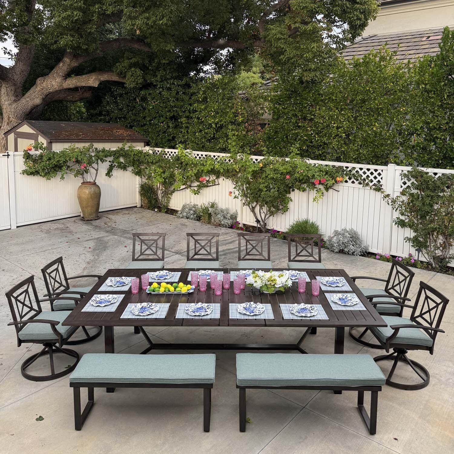 Atlantis 11 Pc Aluminum Swivel / Rocker Dining Set in Walnut/Spa by Darlee