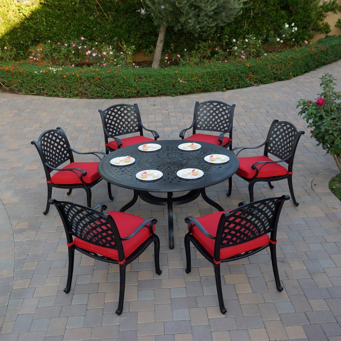 Darlee Nassau 7 Pc Cast Aluminum Dining Set in Antique Bronze w/ Red Cushions By - B/DL13-7PC-26D-R