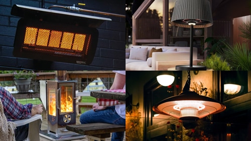 Electric, propane, natural gas, and pellet patio heaters shown side by side