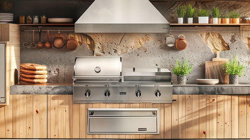 Coyote Combo gas and flat top grill built into large outdoor kitchen