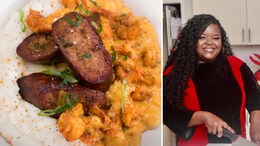 Grilled Alligator Sausage over Corn Grits with a Smoked Gouda Crawfish Cream Sauce