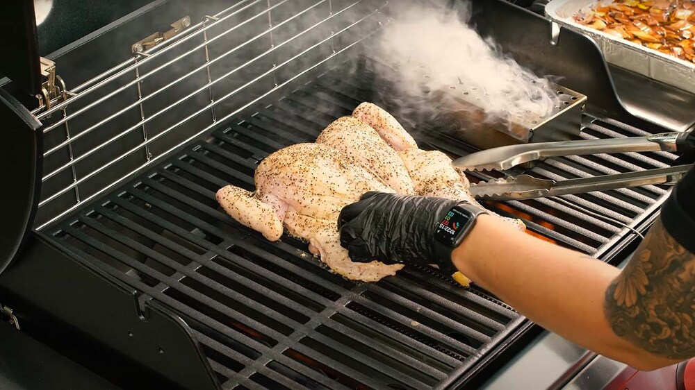 Kelsey Heidkamp's fully cooked spatchcocked chicken on the grill