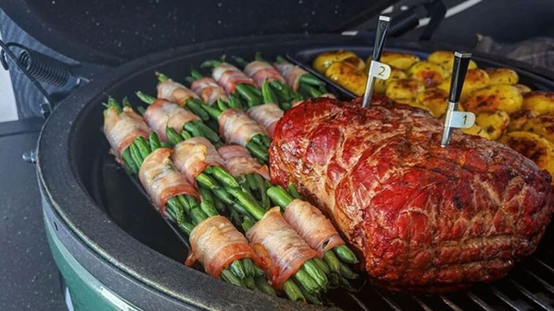 Meater temperature probes in meat on Kamado grill