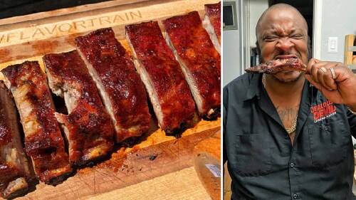 Smoked pork ribs next to BBQGuys Pork Rub