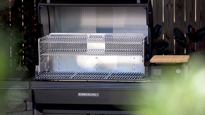 Freestanding Timberline XL pellet grill with hood open